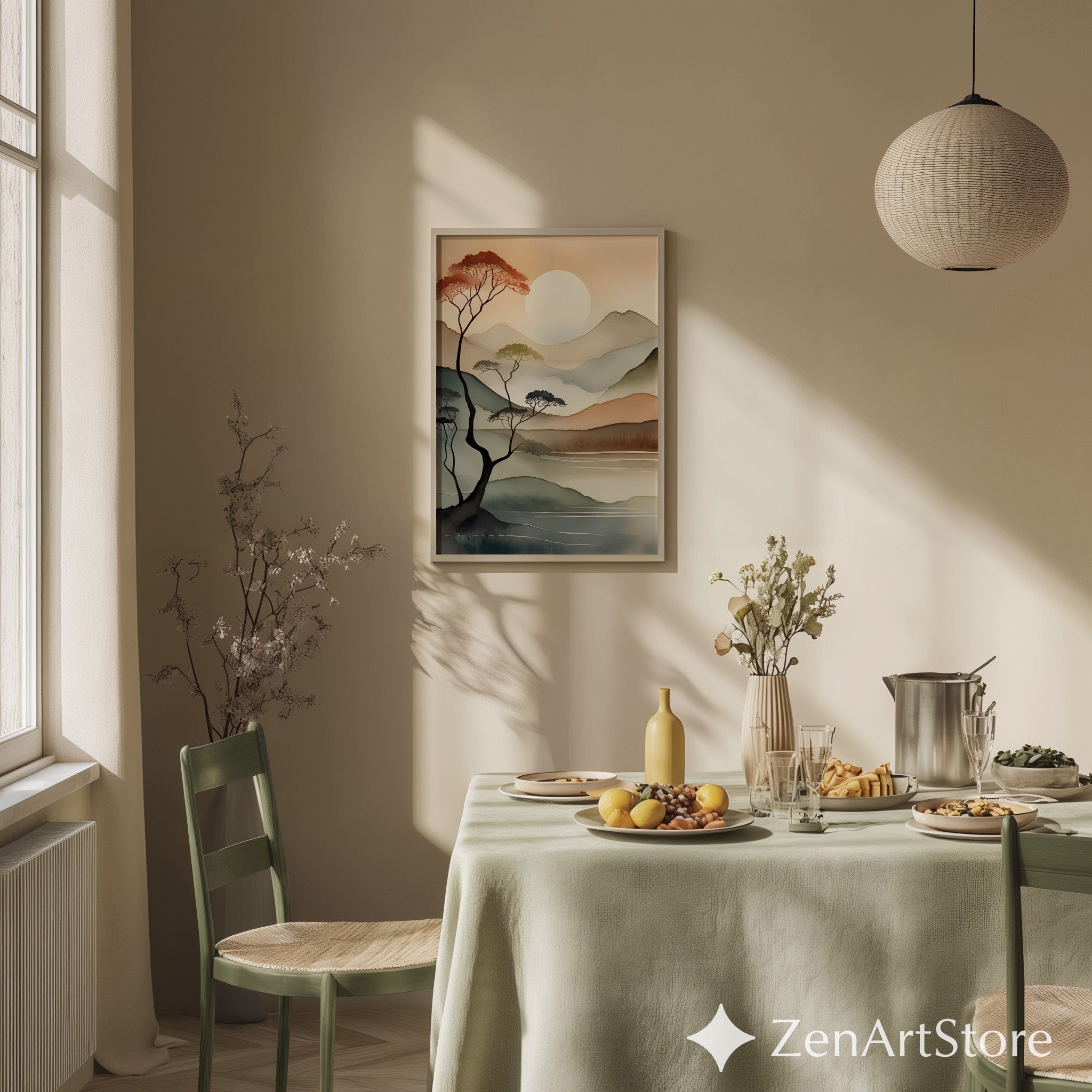 Serene Minimal Mountain Landscape Print - Japandi Zen Neutral Wall Art, Beige Brown Watercolor Sun, Modern Wabi Sabi Decor