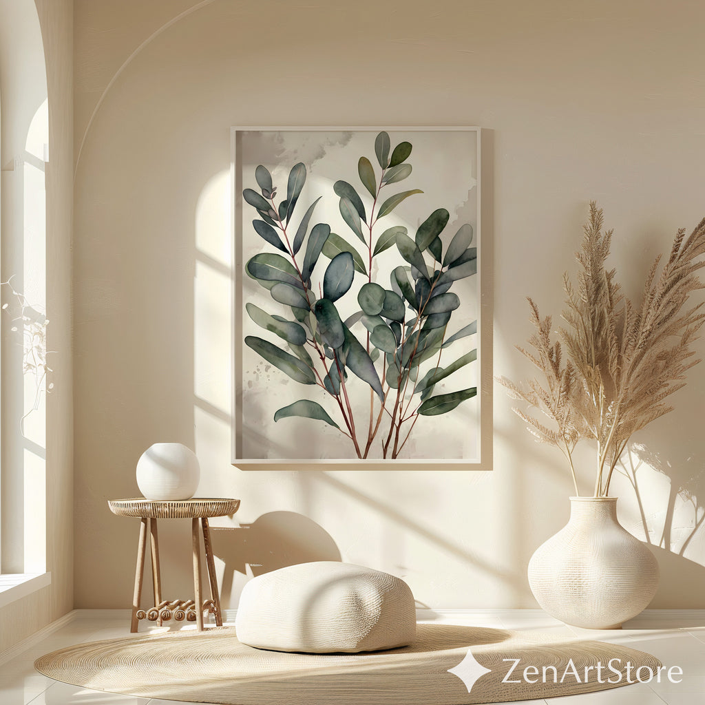 Minimal Eucalyptus Botanical Wall Art - Neutral Japandi Watercolor Print for Living Room Bedroom - Calm Scandinavian Plant Poster