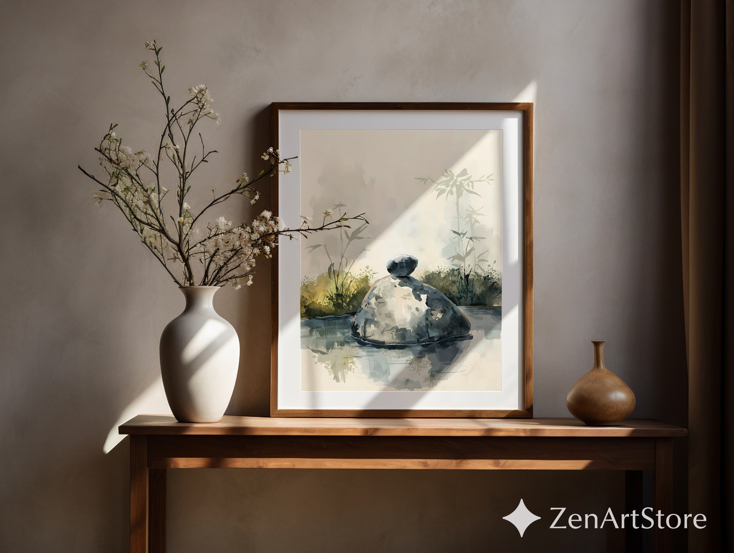 Zen Rock Watercolor Print Minimal Wabi Sabi Stone Art Japandi Neutral Wall Decor