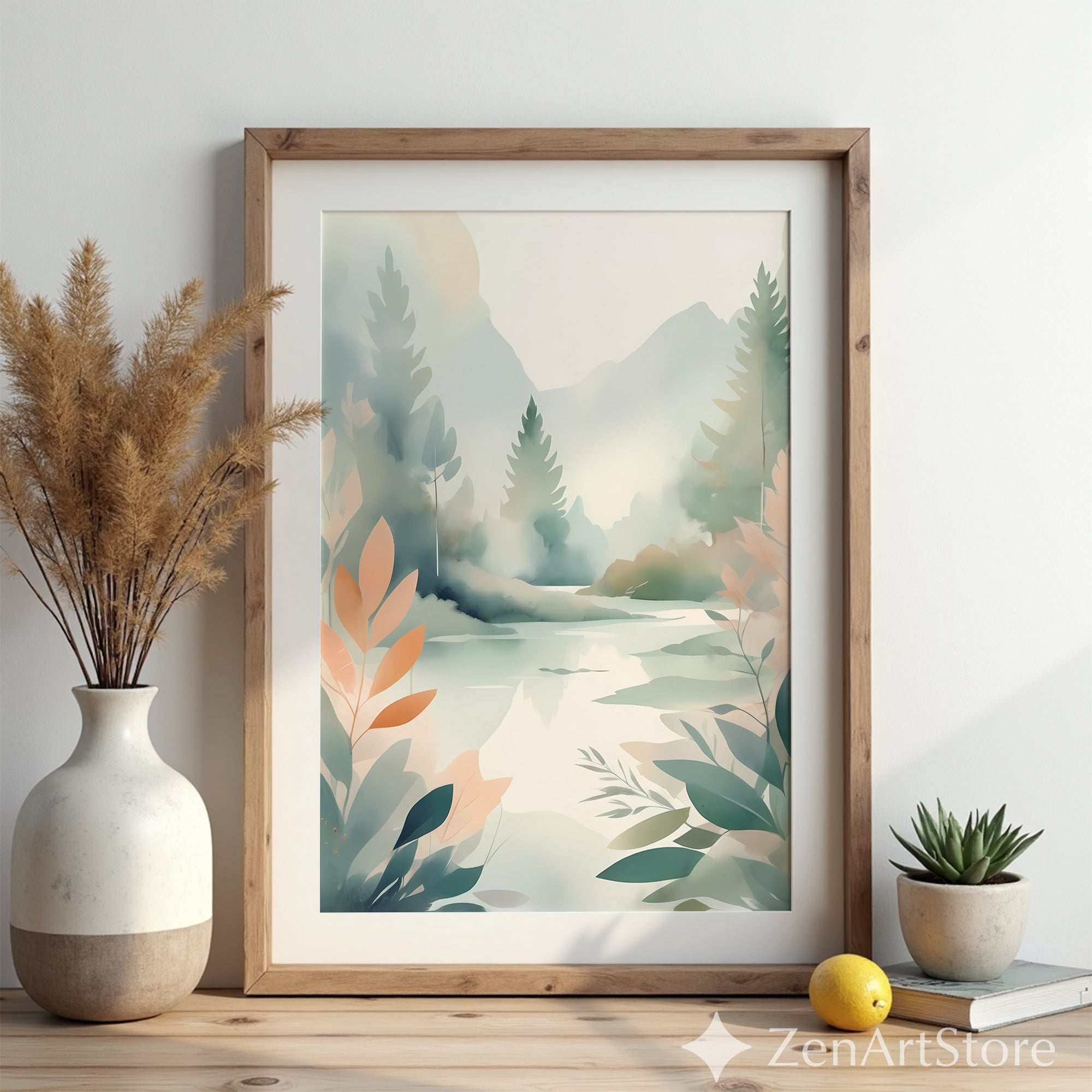 Serene Minimal Landscape Print - Neutral Botanical Watercolor Wall Art for Living Room, Japandi Calm Modern Home Decor