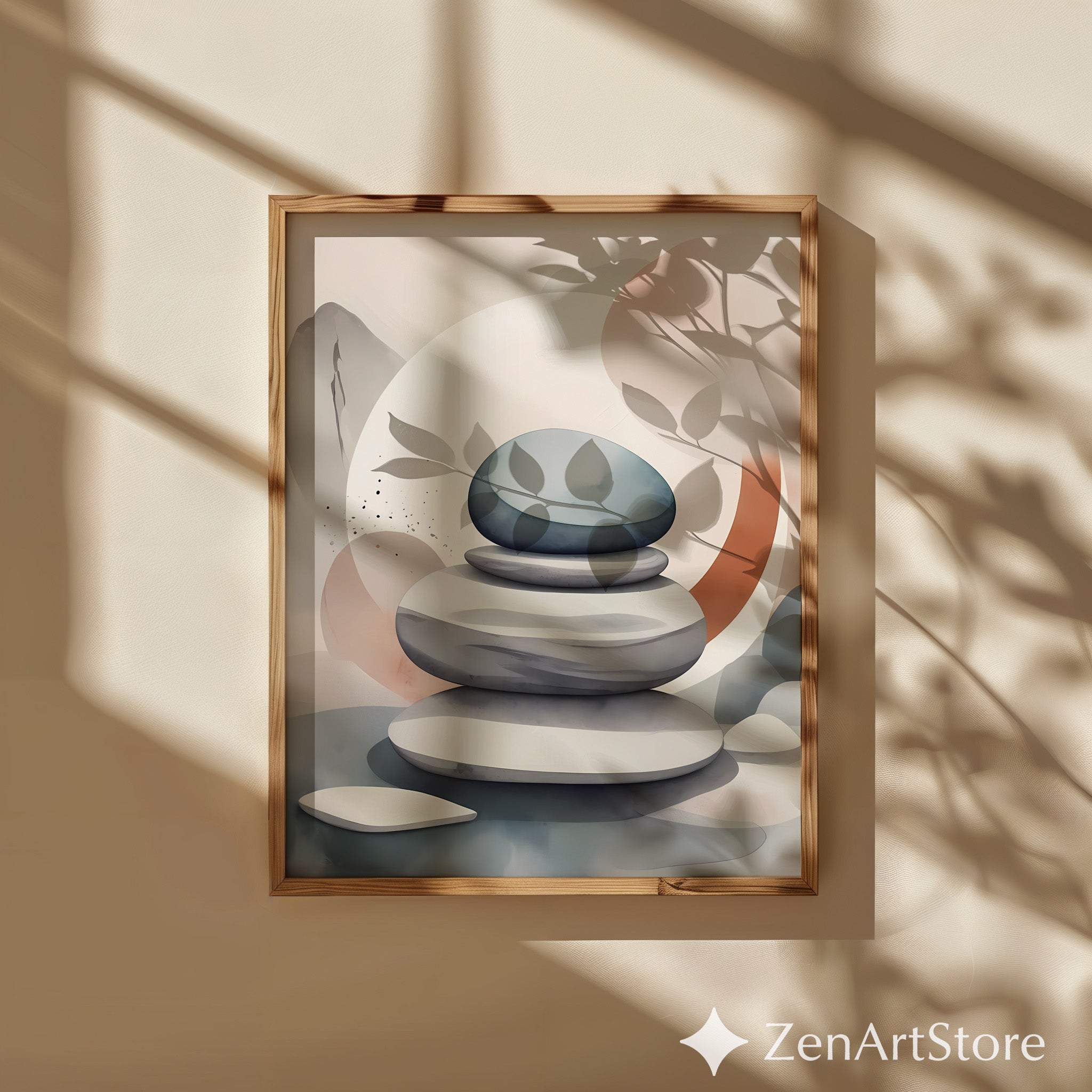 Zen Stone Stack Wall Art - Minimal Japandi Neutral Abstract Print for Living Room, Bedroom, Spa Decor