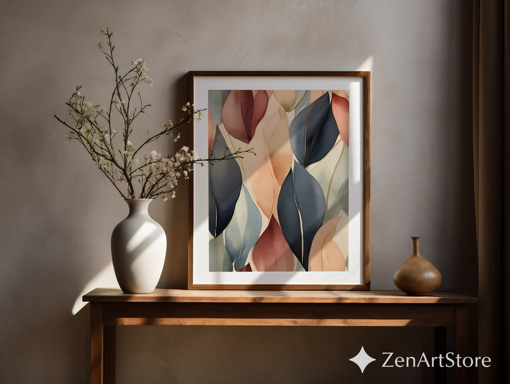 Abstract Botanical Leaf Art Print - Neutral Beige Blush Navy Wall Decor - Japandi Minimalist Modern Home Decor