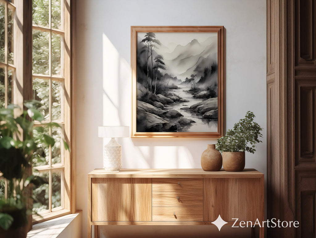 Ink-Wash Mountain River Print - Zen Minimal Monochrome Landscape Wall Art for Japandi, Scandinavian & Wabi-Sabi Decor
