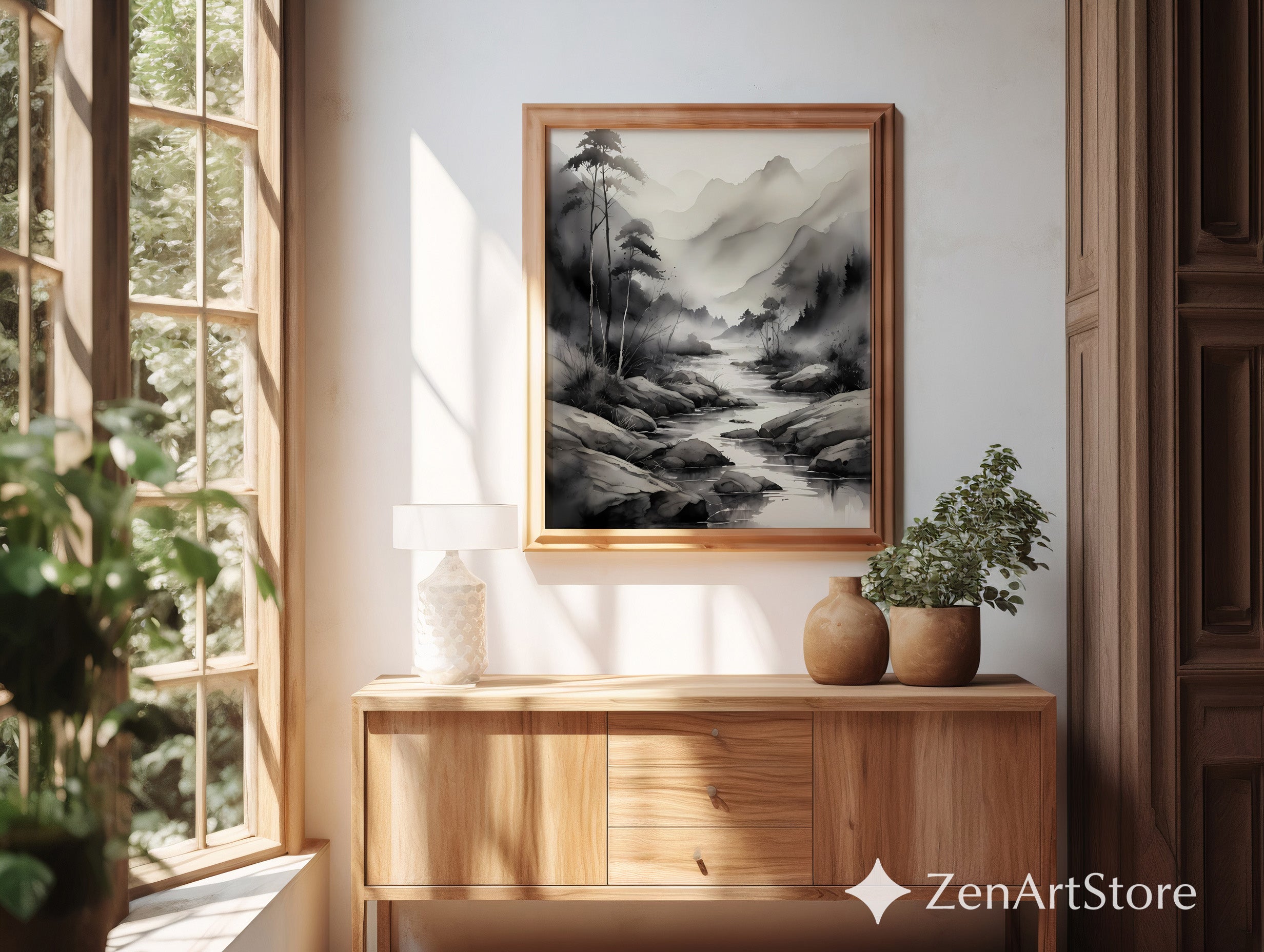 Ink-Wash Mountain River Print - Zen Minimal Monochrome Landscape Wall Art for Japandi, Scandinavian & Wabi-Sabi Decor