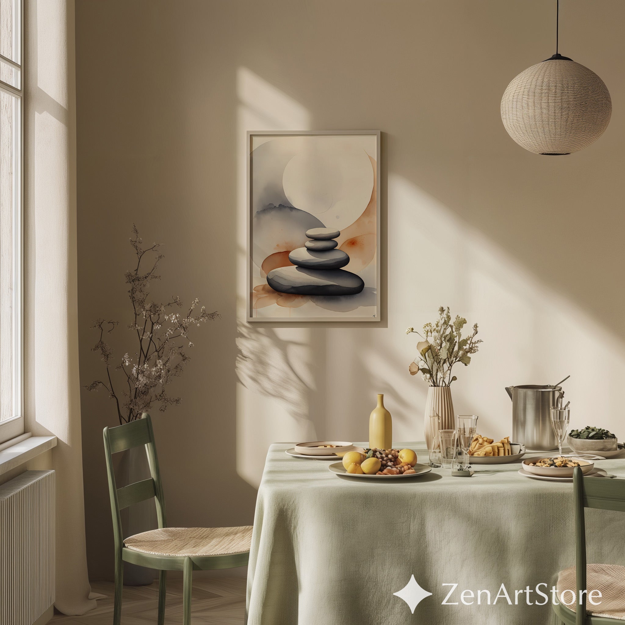 Zen Stacked Stones Print - Neutral Watercolor Minimal Art, Japandi Scandi Calm Wall Decor for Living Room Bedroom Spa