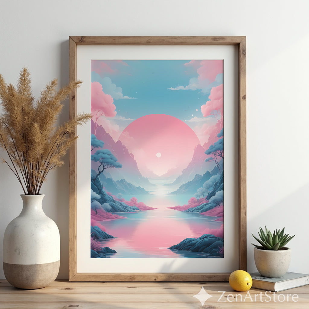 Pastel Sunrise Landscape Wall Art - Pink & Blue Minimal Zen Print for Living Room, Bedroom Japandi Home Decor
