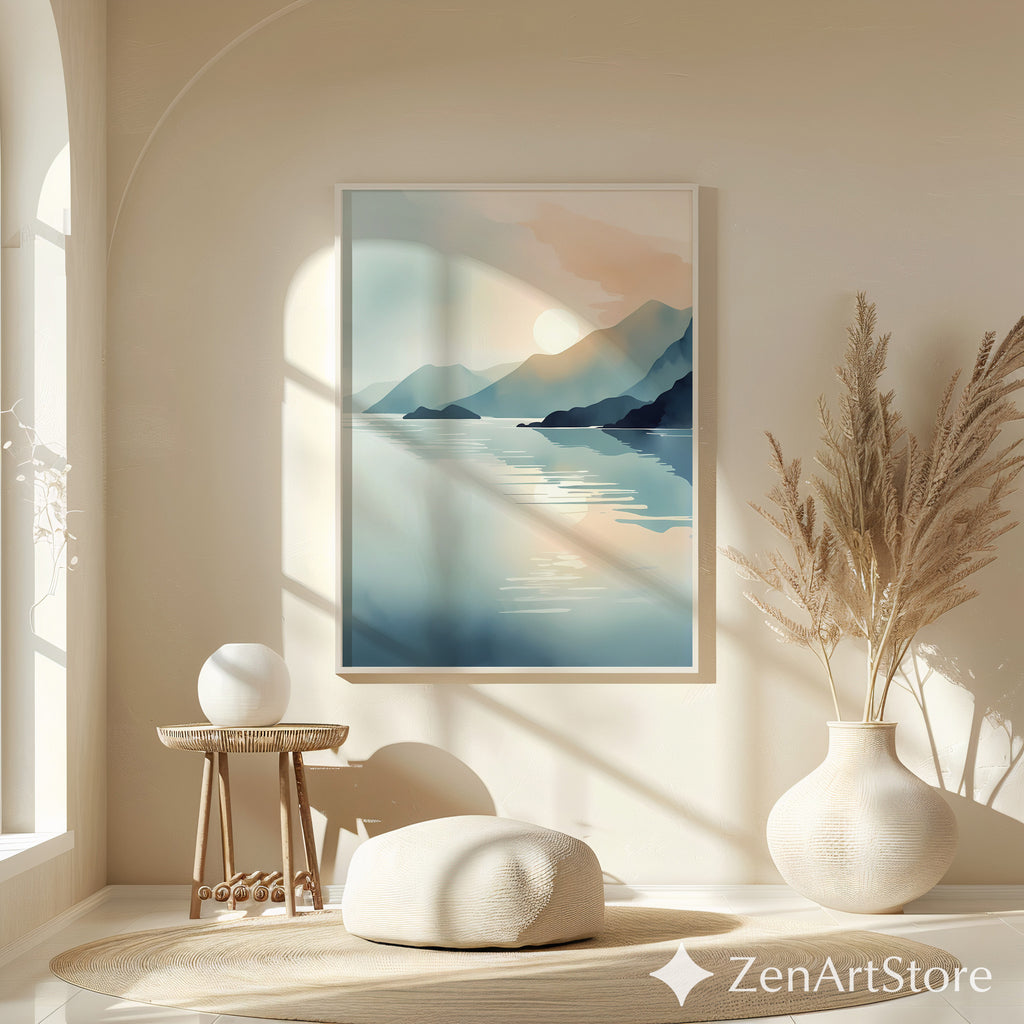 Minimalist Mountain Lake Sunrise Wall Art - Calming Japandi Landscape Print in Neutral Blue & Beige