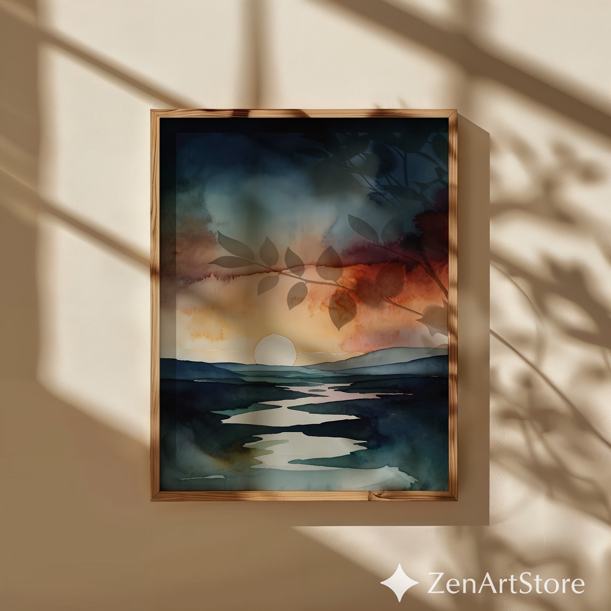 Abstract Watercolor Sunset Landscape Print - Minimal Modern Wall Art, Neutral Zen Sunrise Decor for Living Room & Bedroom