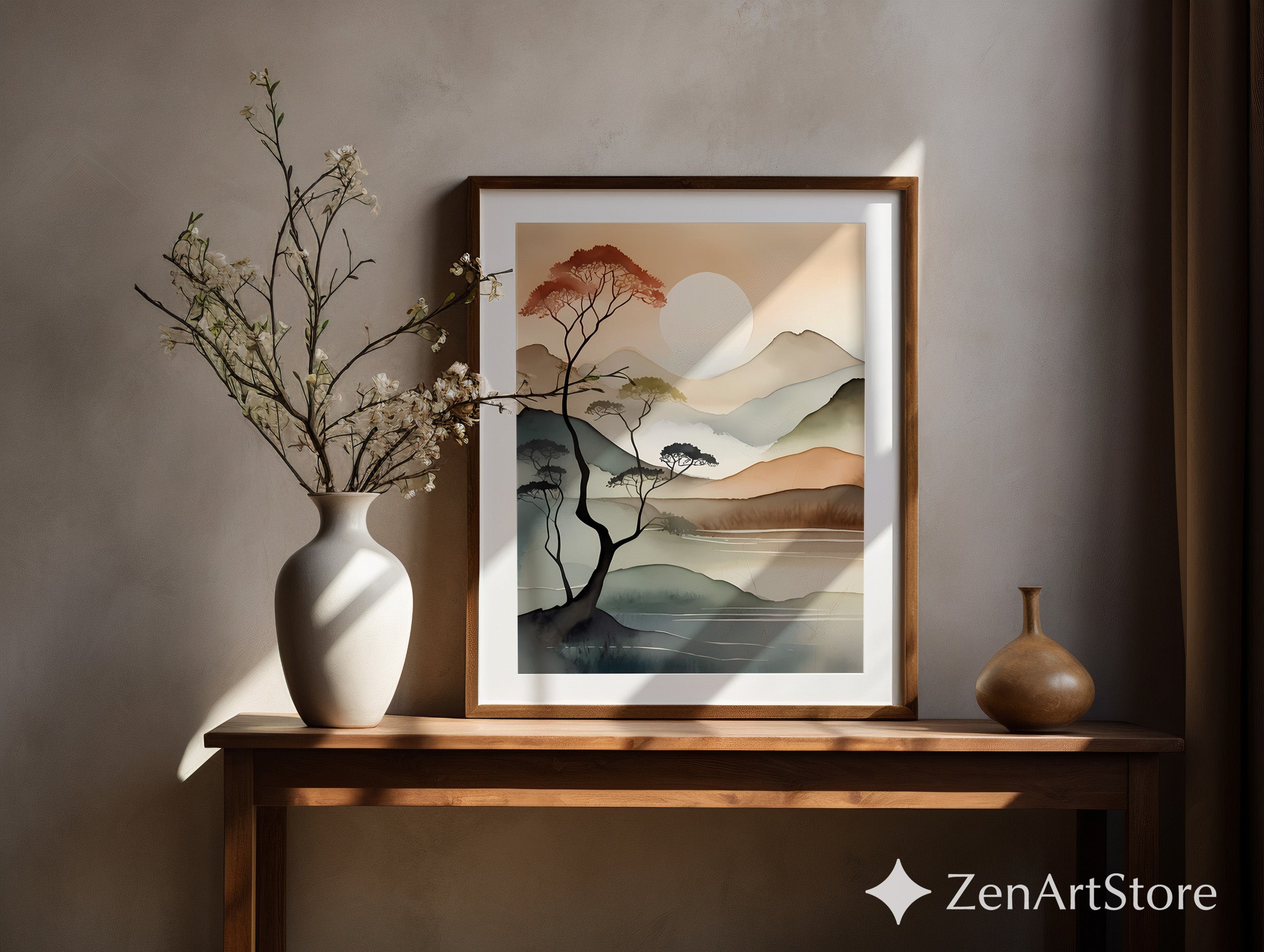 Serene Minimal Mountain Landscape Print - Japandi Zen Neutral Wall Art, Beige Brown Watercolor Sun, Modern Wabi Sabi Decor