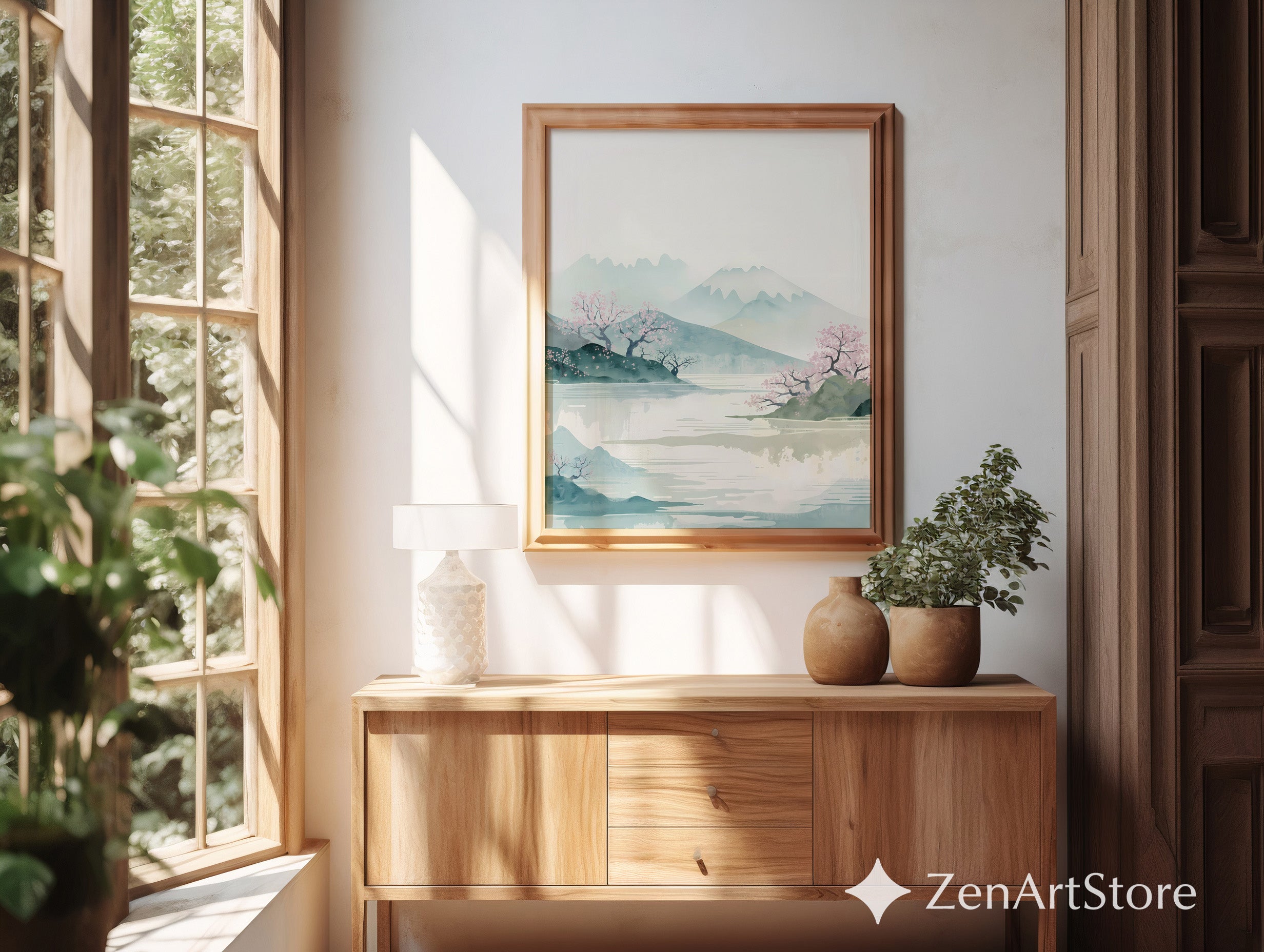 Serene Cherry Blossom Watercolor Landscape Print — Japandi Minimalist Wall Art for Living Room & Bedroom