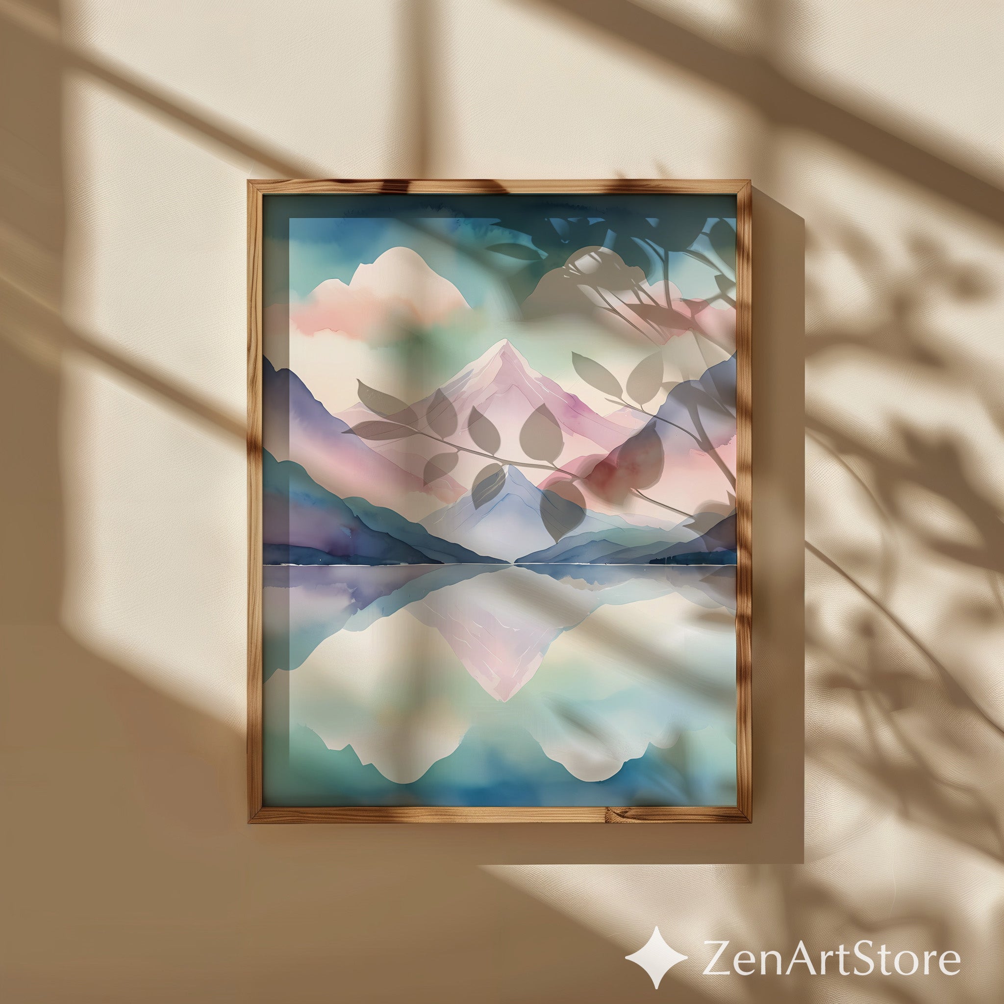 Pastel Mountain Reflection Watercolor Print - Serene Landscape Wall Art for Living Room, Bedroom & Nursery - Japandi Minimal Home Decor