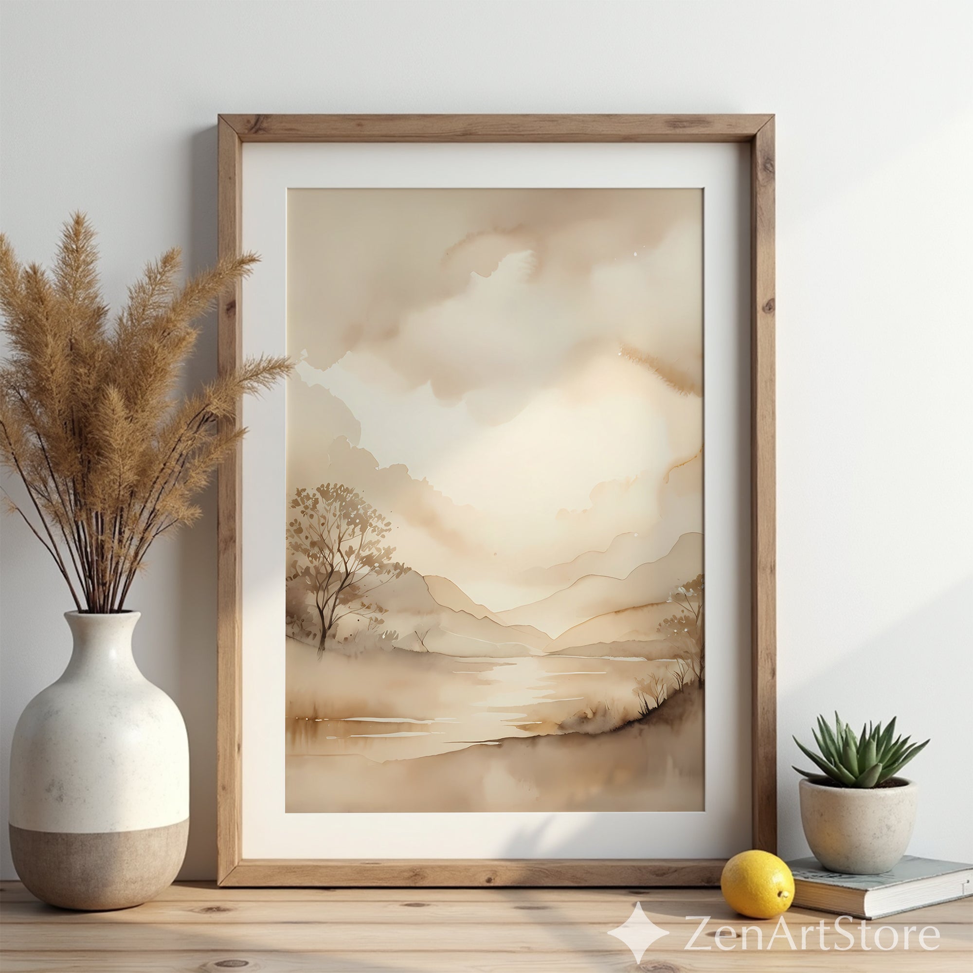 Sepia Watercolor Landscape Art Print - Minimal Neutral Lake & Mountain Wall Decor for Japandi, Scandinavian, Boho Home