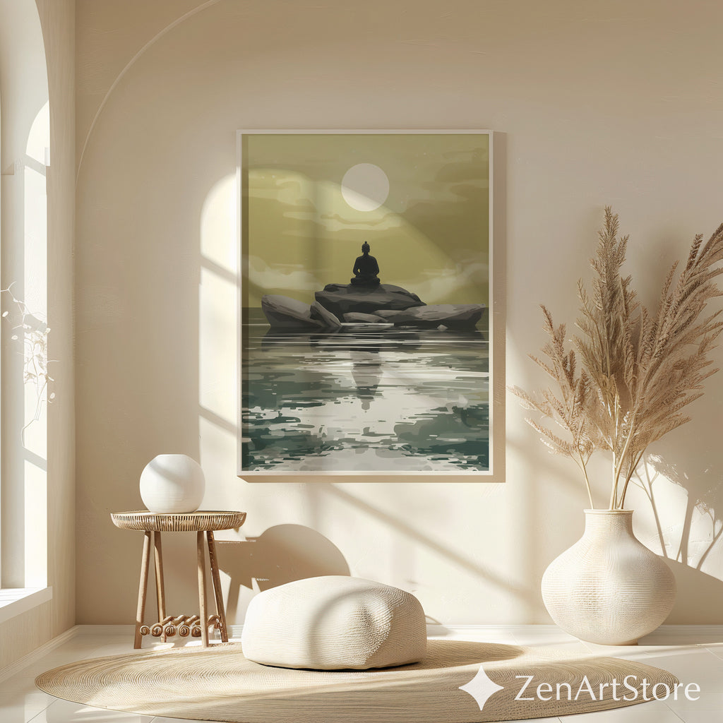 Zen Buddha Minimalist Wall Art - Meditative Landscape Print in Neutral Beige & Green for Japandi, Scandinavian Home Decor