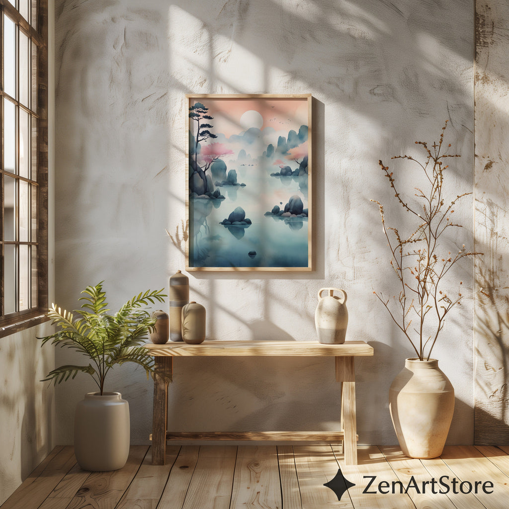Serene Pastel Mountain Lake Wall Art - Zen Japandi Landscape Print, Printable & Canvas