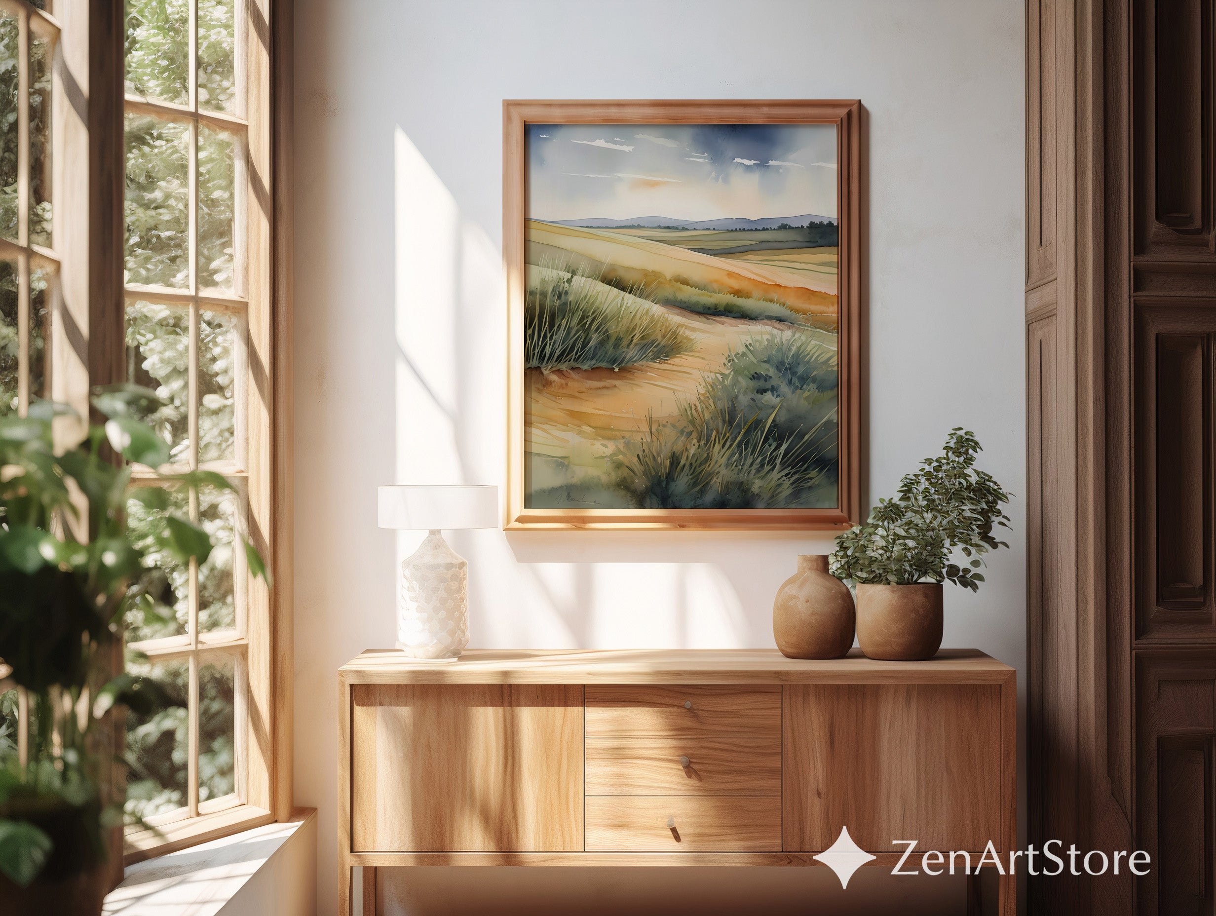 Coastal Dune Watercolor Print - Neutral Landscape Wall Art, Sand Dunes & Sea Grass, Japandi Wabi-Sabi Minimal Home Decor