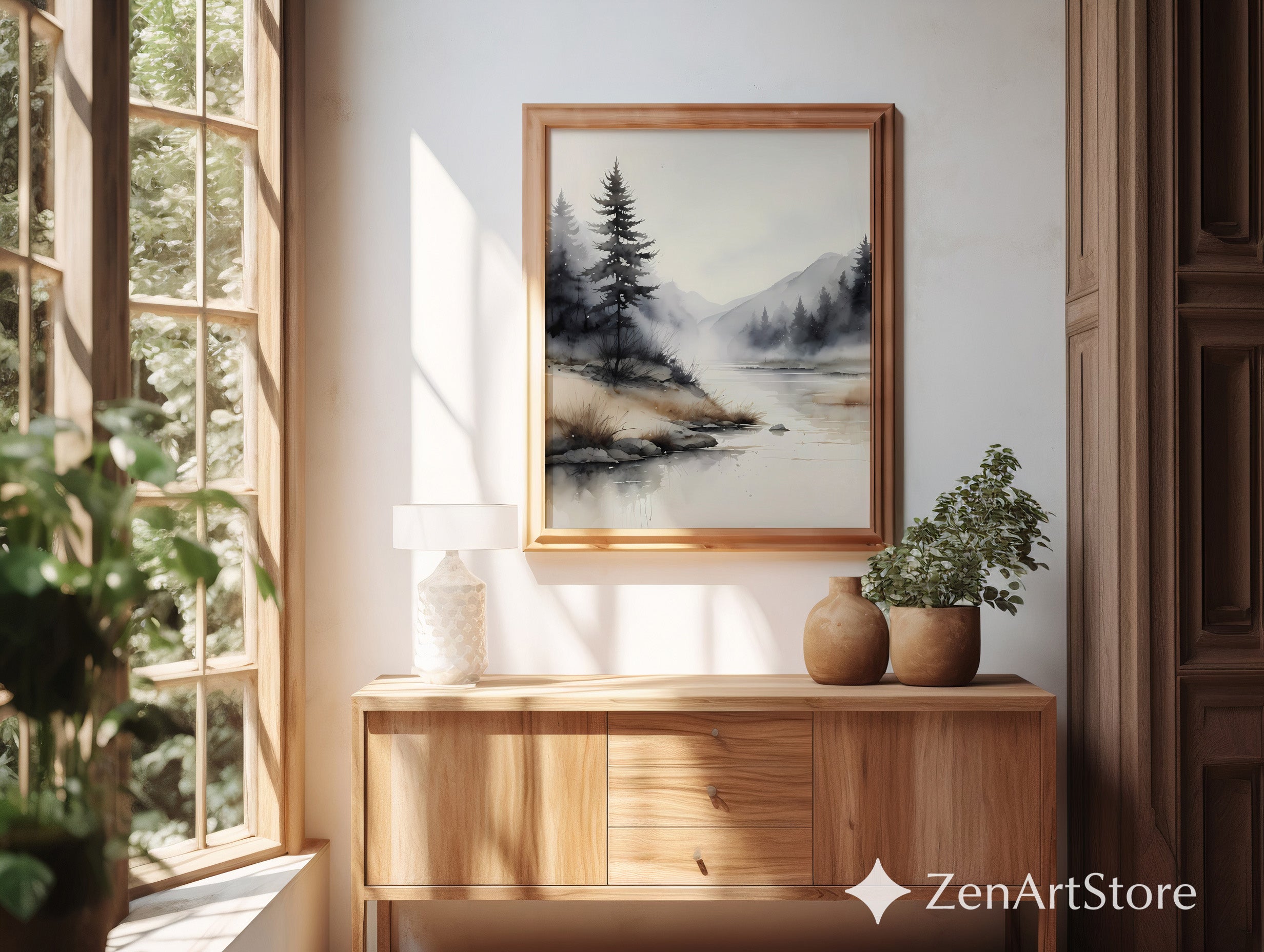 Misty River Watercolor Print - Minimal Neutral Landscape Art for Japandi, Wabi Sabi & Scandinavian Home Decor