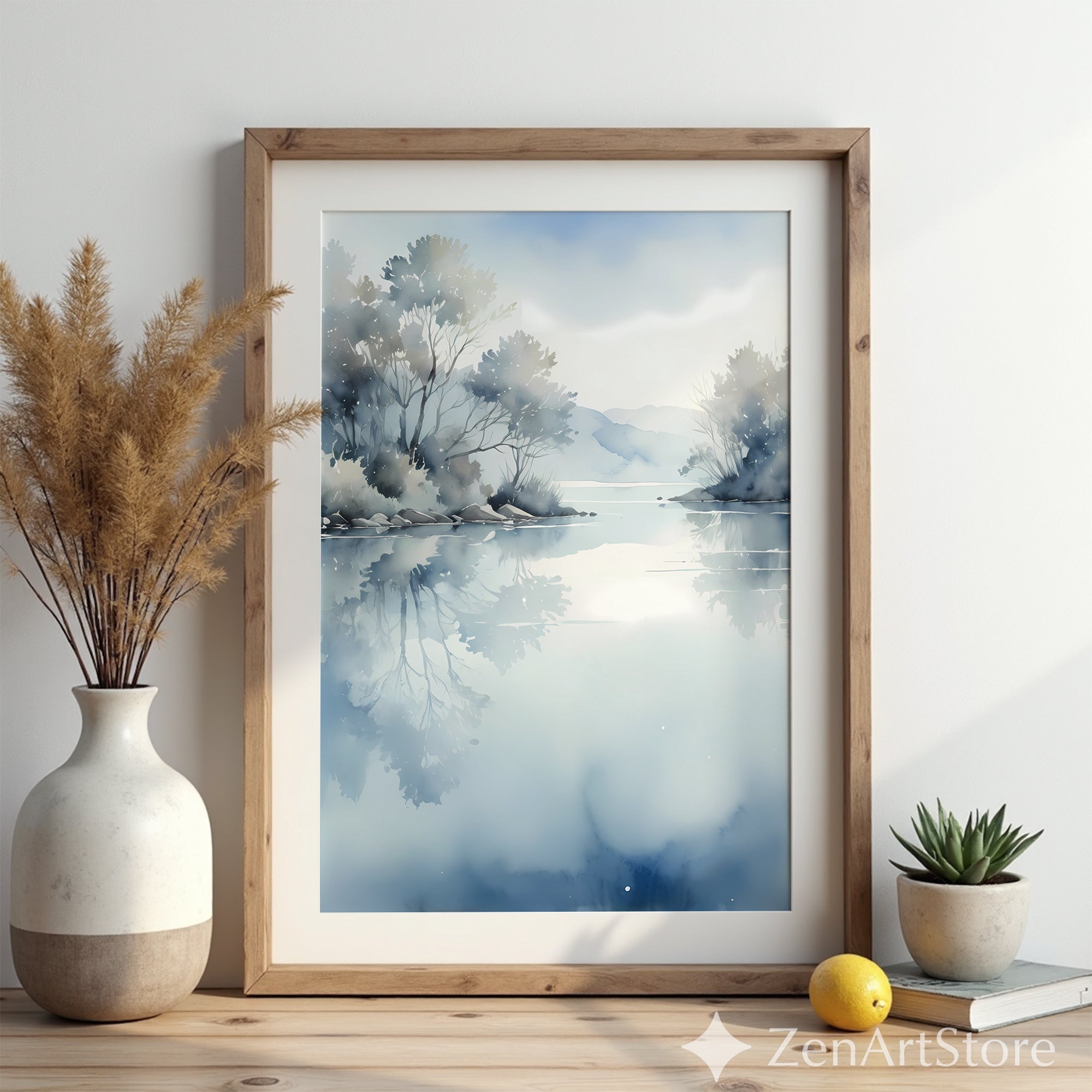 Misty Blue Lake Watercolor Print - Calm Minimalist Landscape Wall Art for Living Room, Bedroom, Spa, Japandi Zen Decor