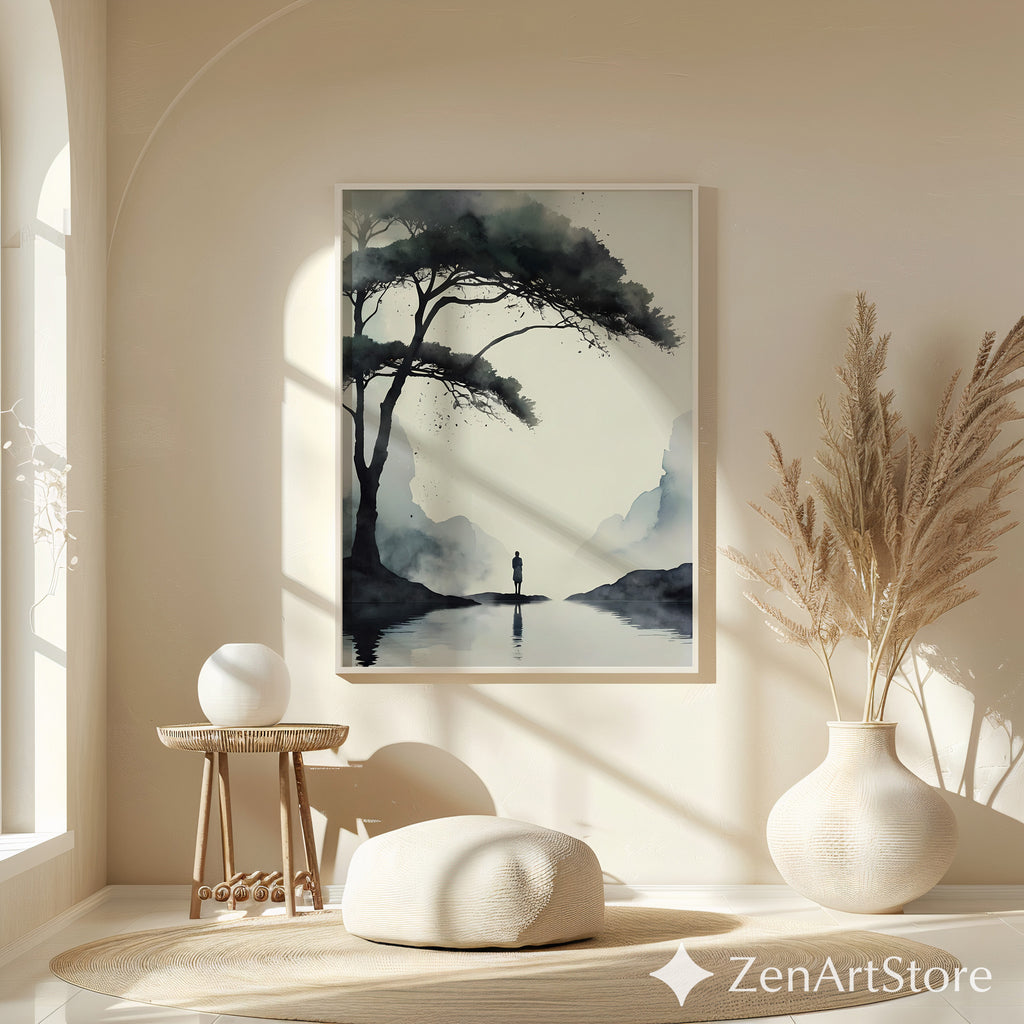 Misty Sumi-e Landscape Print - Zen Minimalist Tree & Solitary Figure Japandi Neutral Wall Art
