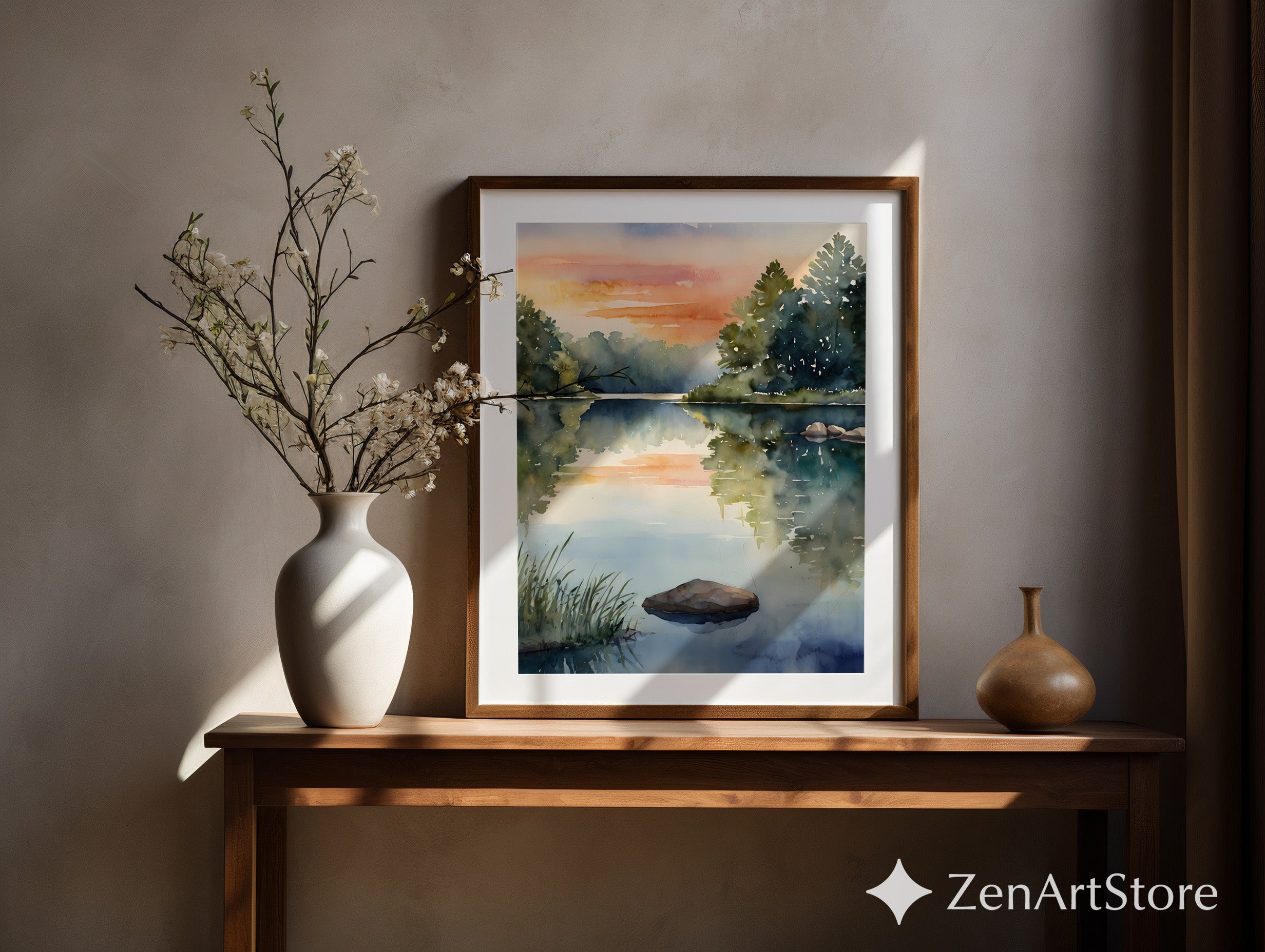 Serene Watercolor Lake Print - Minimal Landscape Wall Art for Japandi & Scandinavian Home Decor