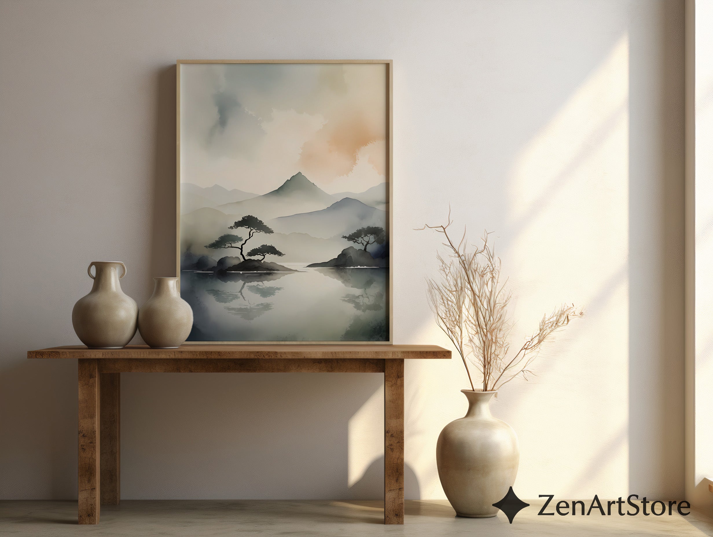 Zen Minimal Watercolor Mountain Print - Japandi Neutral Landscape Wall Art for Living Room