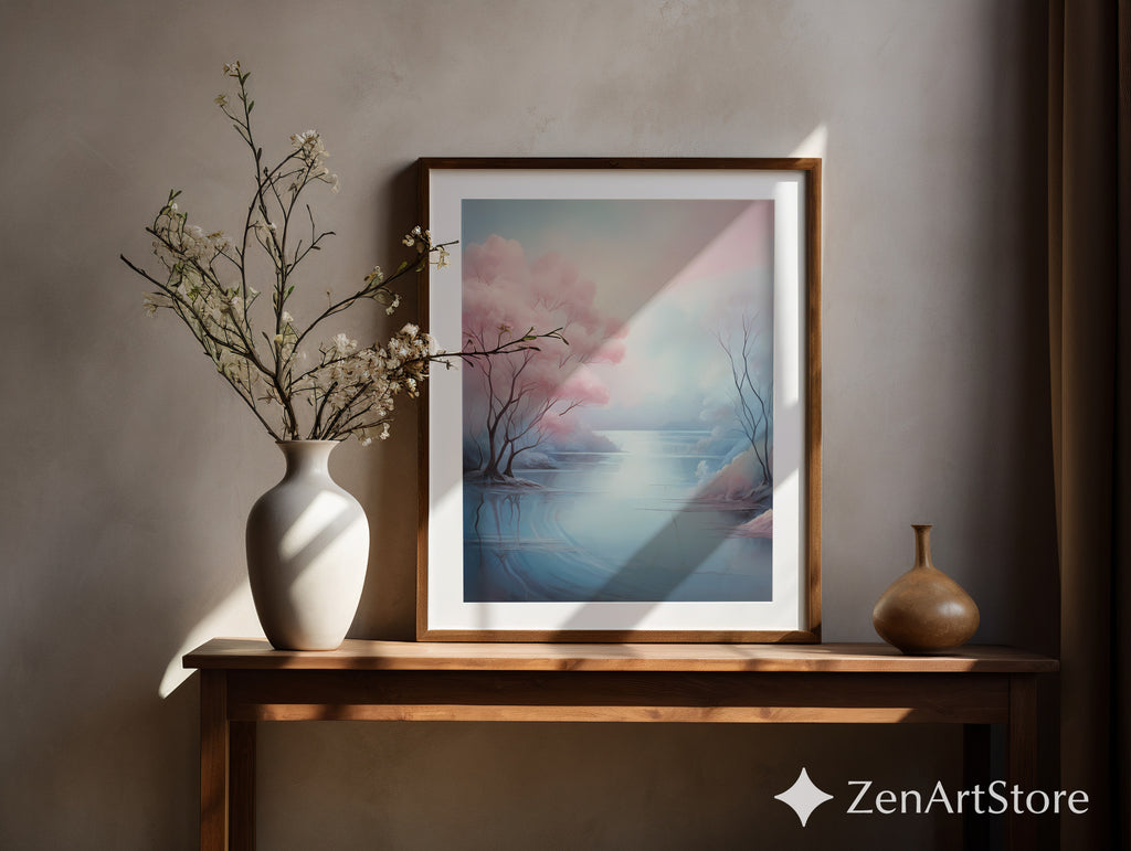 Serene Pastel Landscape Art Print - Pink Tree Lake Wall Art, Zen Minimal Japandi Home Decor