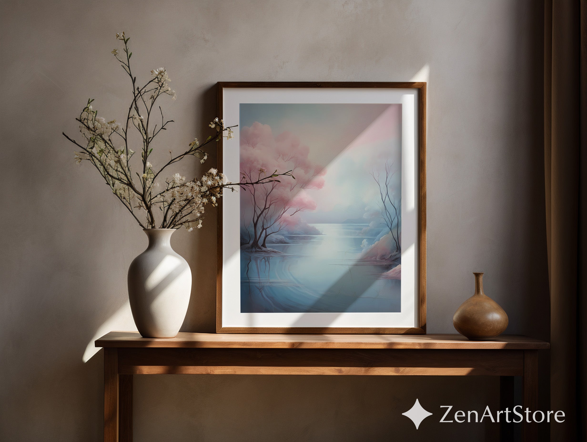 Serene Pastel Landscape Art Print - Pink Tree Lake Wall Art, Zen Minimal Japandi Home Decor