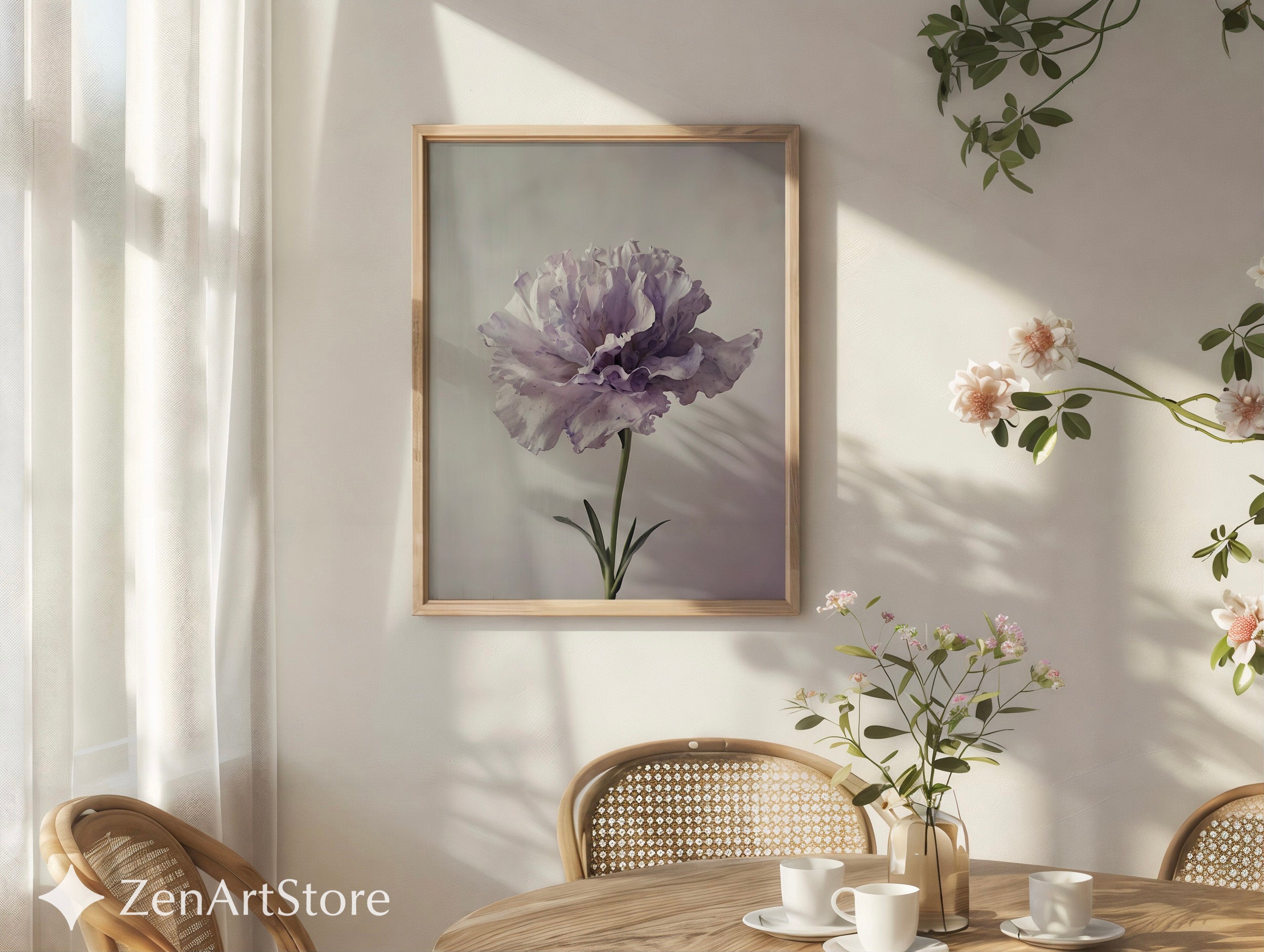 Lavender Peony Floral Art Print - Minimal Botanical Wall Art for Neutral Japandi, Scandinavian & Boho Home Decor