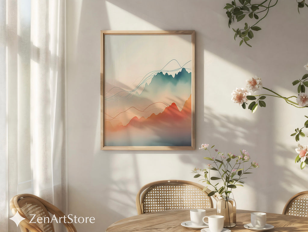 Minimal Abstract Mountain Landscape Wall Art, Japandi Neutral Pastel Line Art Print for Living Room & Bedroom