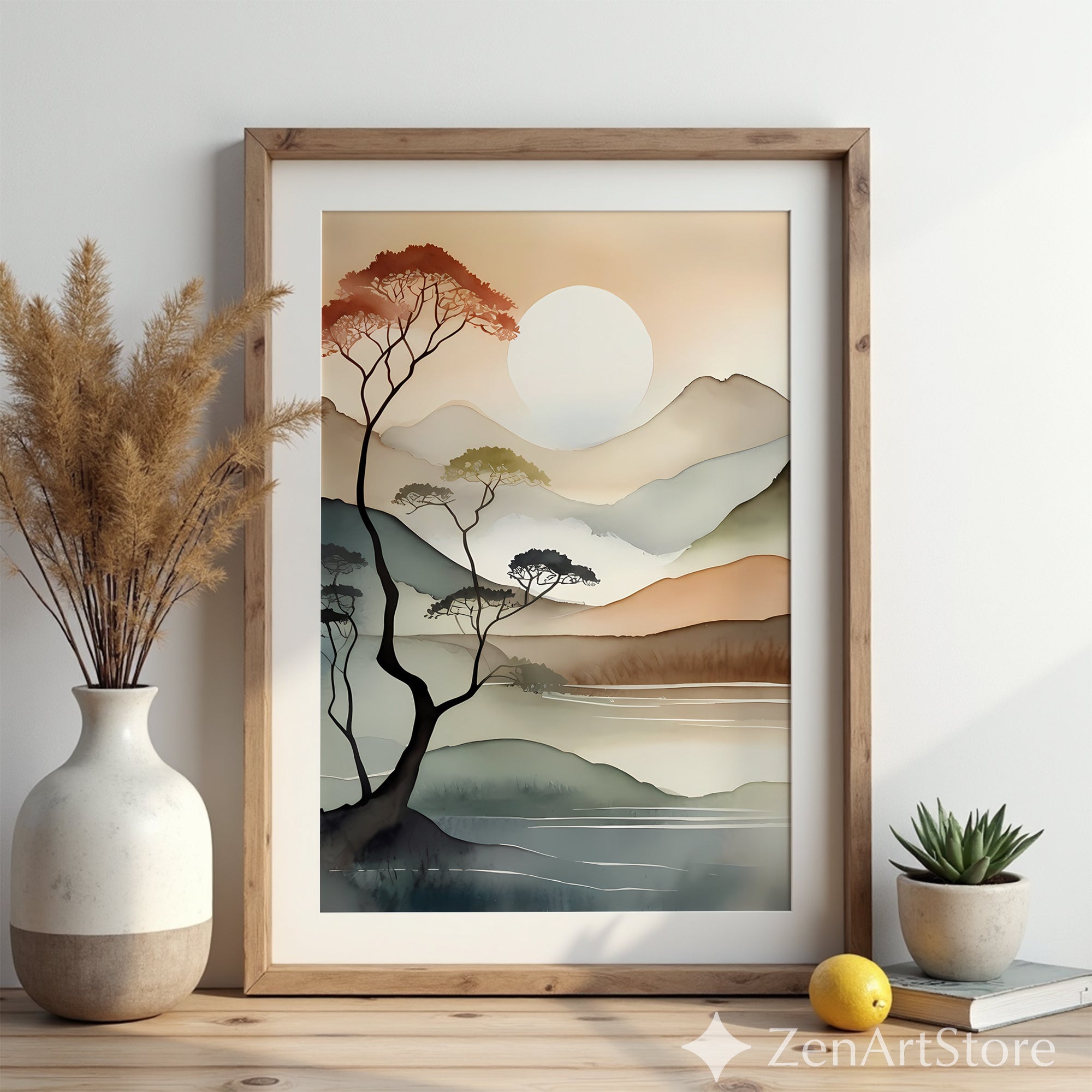 Serene Minimal Mountain Landscape Print - Japandi Zen Neutral Wall Art, Beige Brown Watercolor Sun, Modern Wabi Sabi Decor