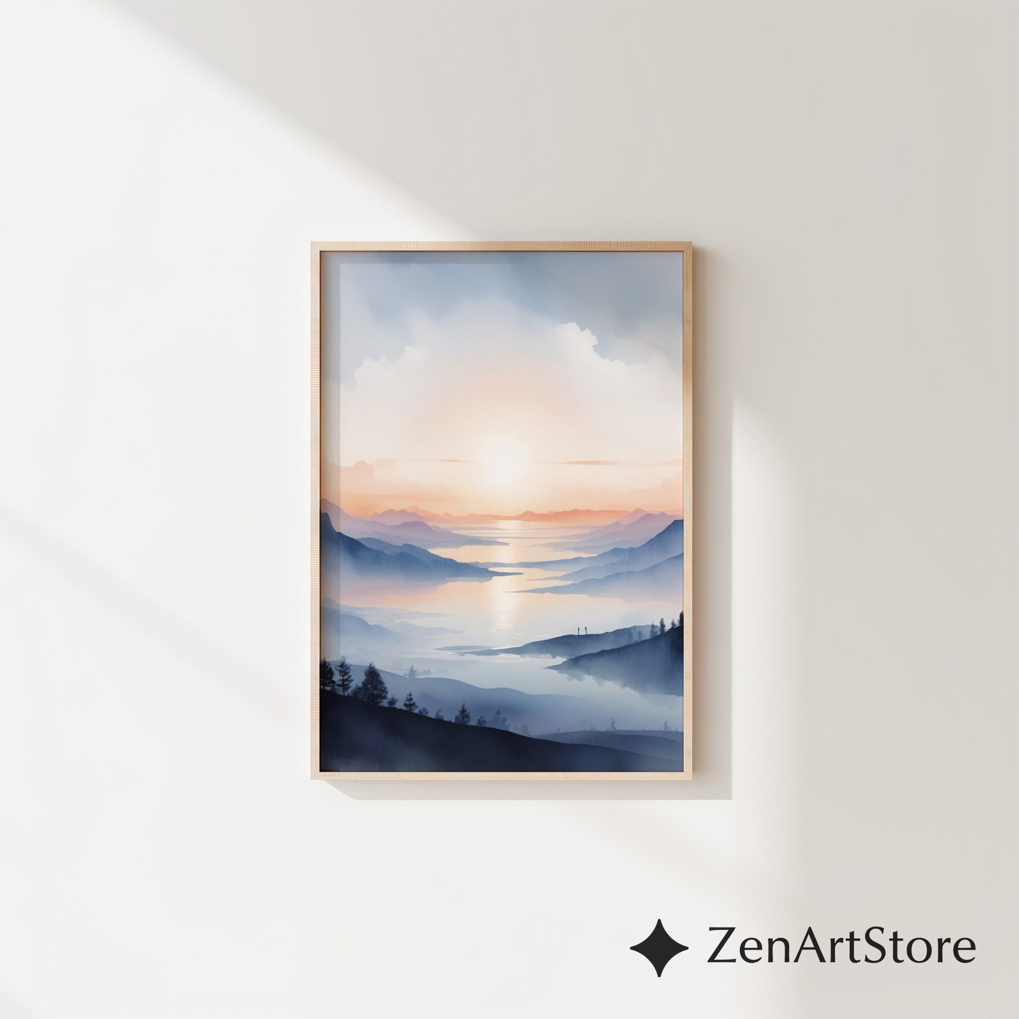 Misty Mountain Sunrise Wall Art Print - Calm Japandi Landscape Minimal Zen Home Decor