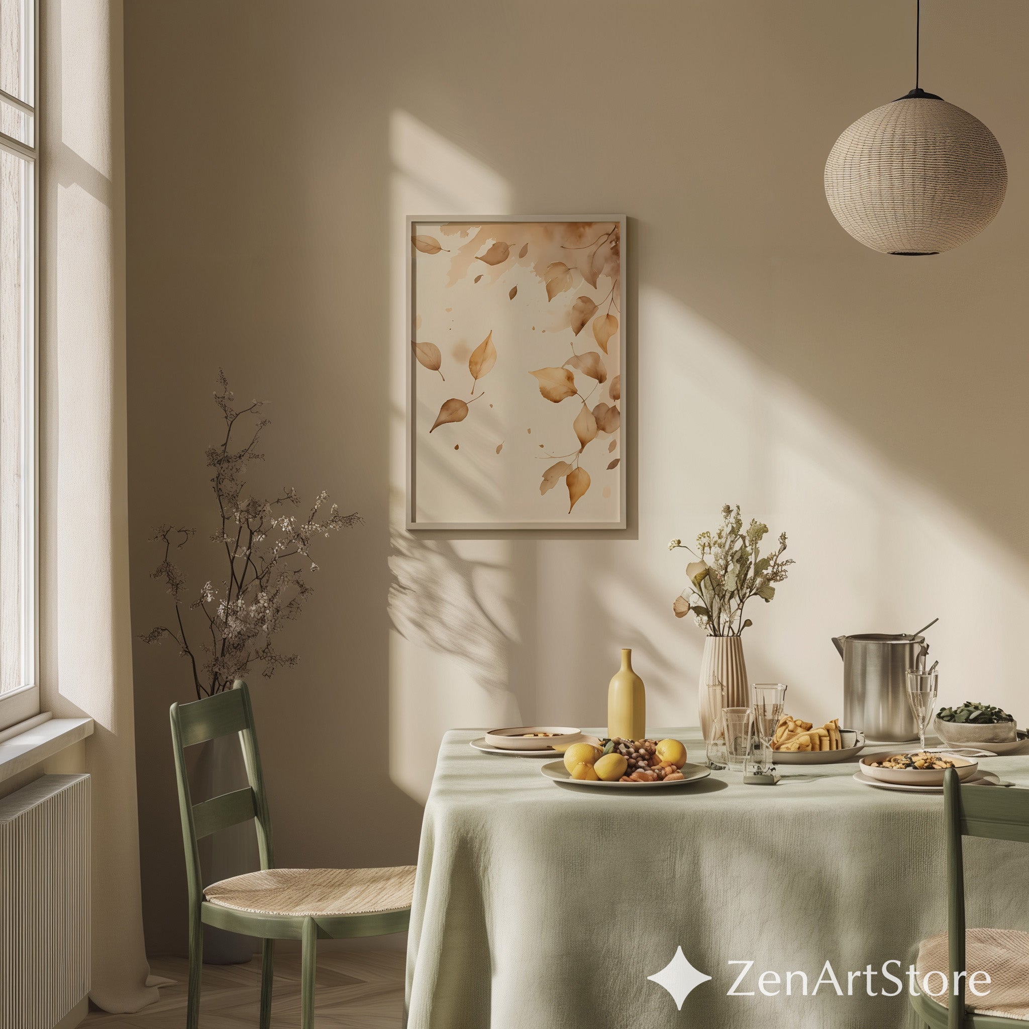 Neutral Watercolor Leaves Wall Art - Beige Autumn Botanical Print, Minimal Japandi Scandi Home Decor Calm Wabi Sabi Printable