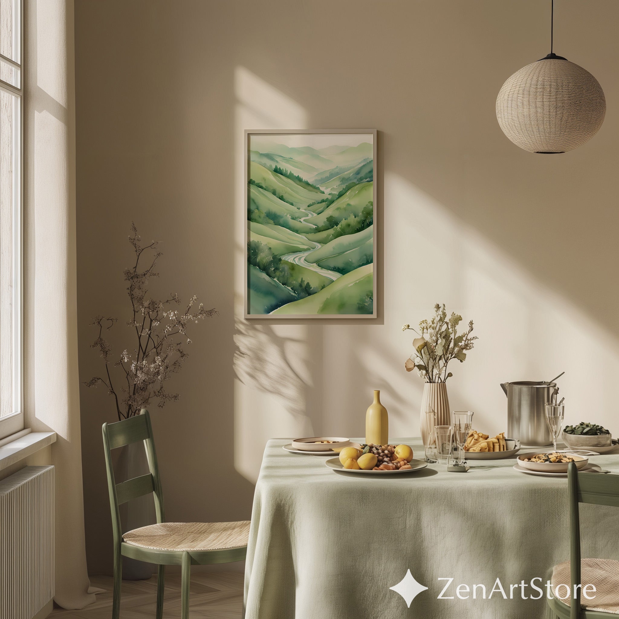 Serene Green Valley Watercolor Print - Minimal Zen Landscape Art, Japandi Wall Decor, Calming River Poster for Living Room