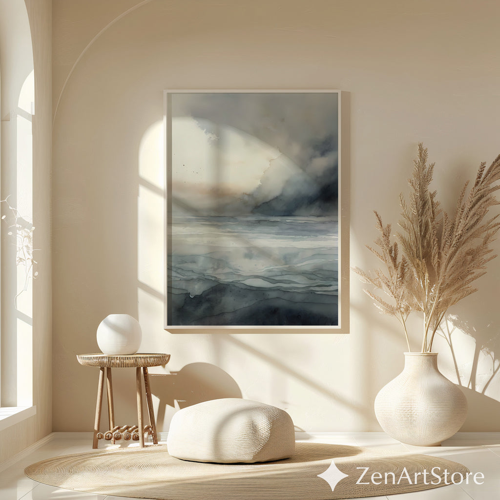 Neutral Abstract Seascape Wall Art - Minimal Coastal Watercolor Print, Calm Japandi Wabi Sabi Landscape for Living Room