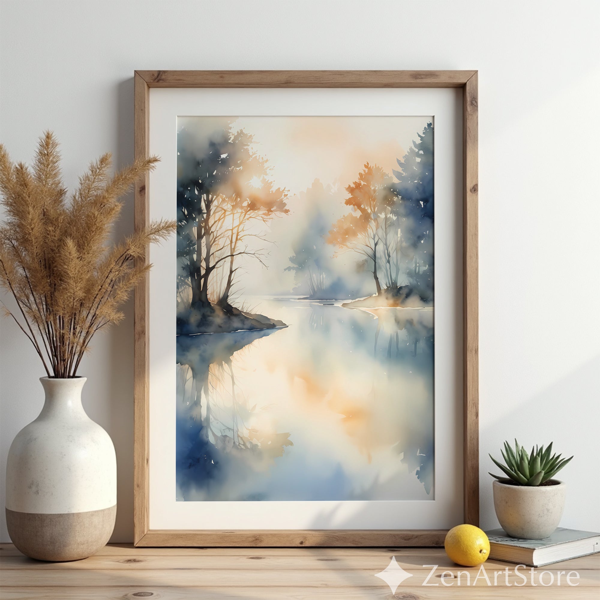 Misty Lake Watercolor Print Calm Minimalist Landscape Wall Art for Living Room Bedroom Japandi Scandinavian Decor
