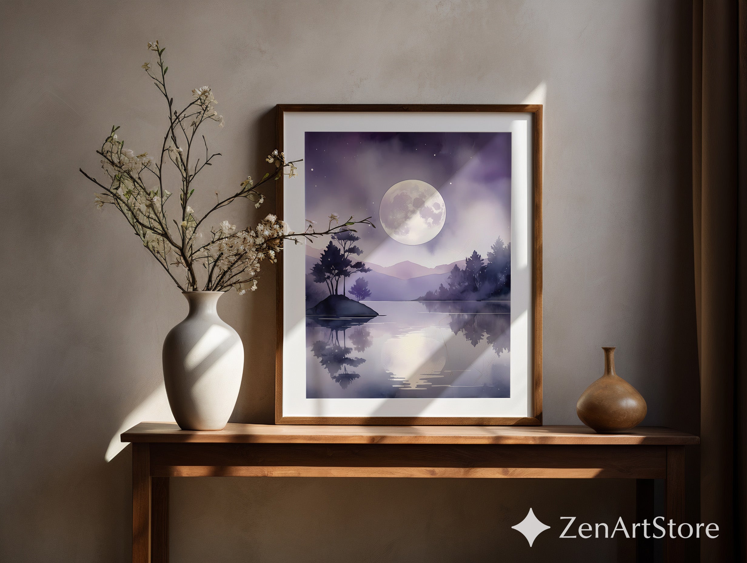 Moonlight Lake Watercolor Print — Purple Minimalist Landscape Wall Art for Bedroom, Zen Japandi Home Decor