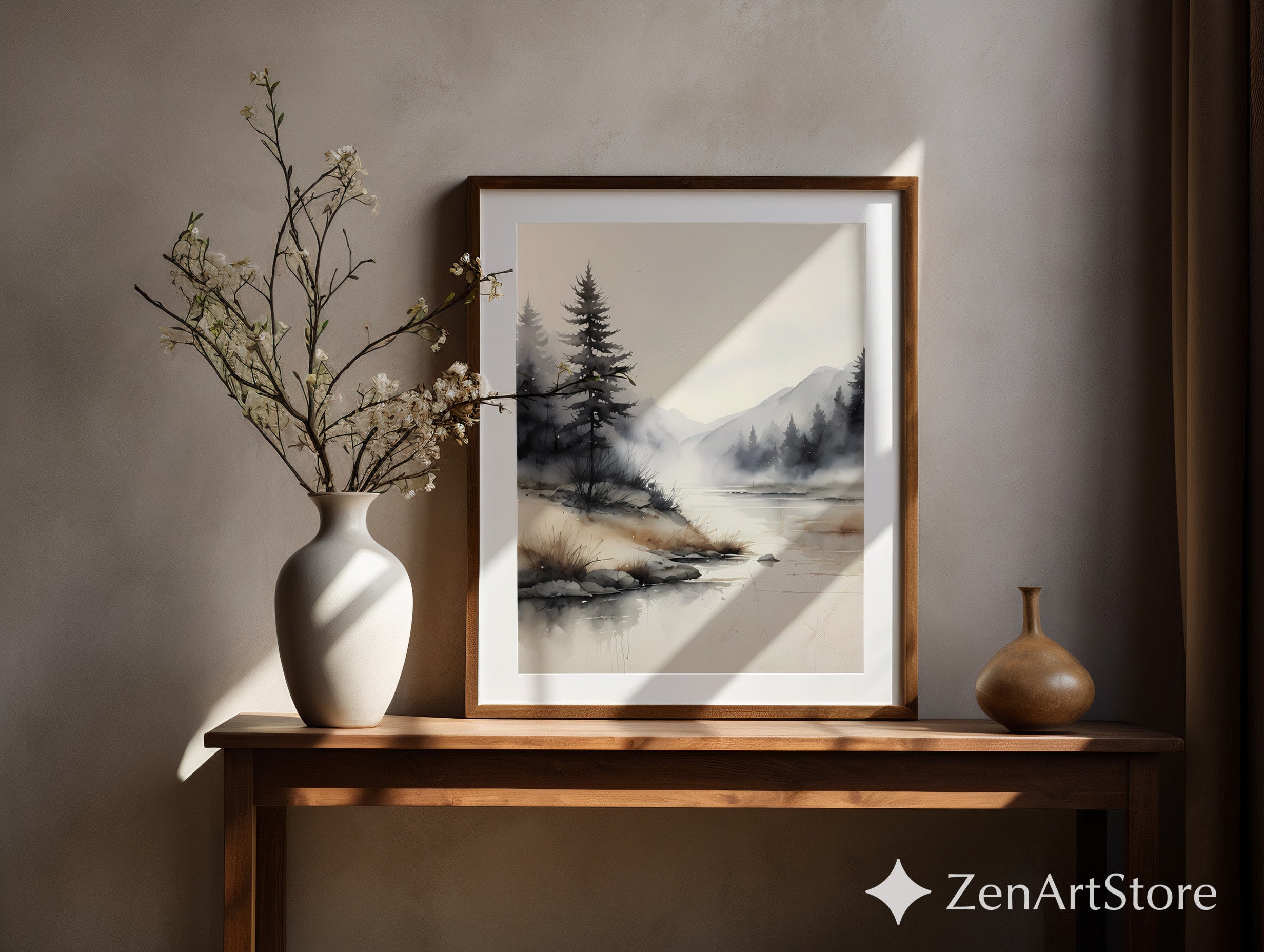 Misty River Watercolor Print - Minimal Neutral Landscape Art for Japandi, Wabi Sabi & Scandinavian Home Decor