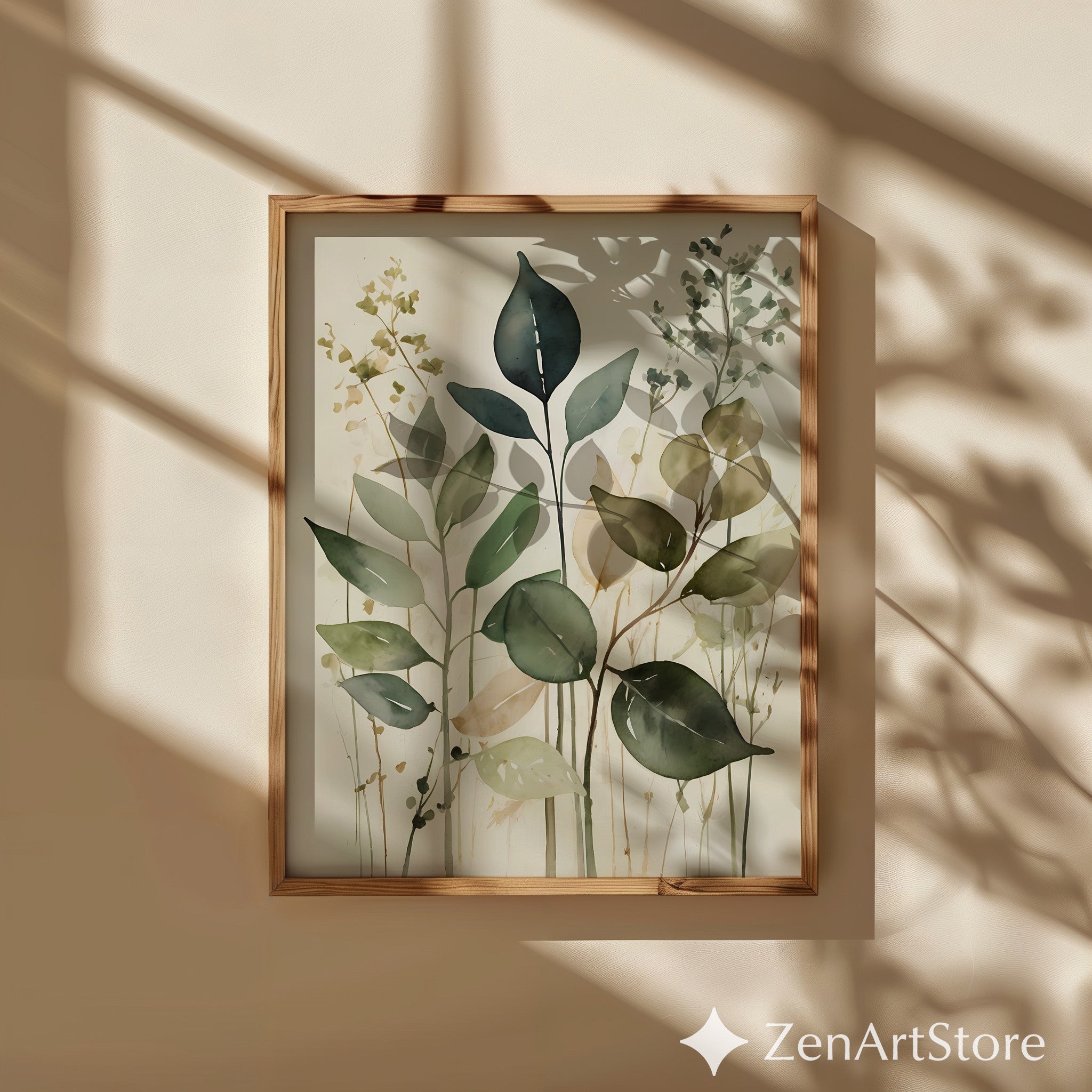 Neutral Botanical Watercolor Print - Minimal Green Leaf Wall Art for Japandi Wabi Sabi Home Decor