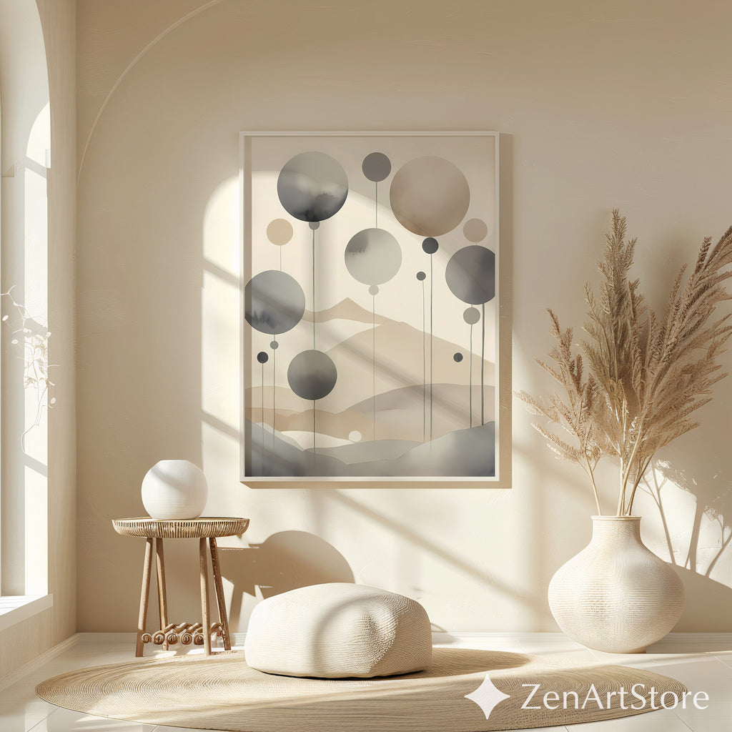 Neutral Abstract Landscape Wall Art - Minimal Japandi Zen Print in Beige & Grey, Modern Scandinavian Home Decor