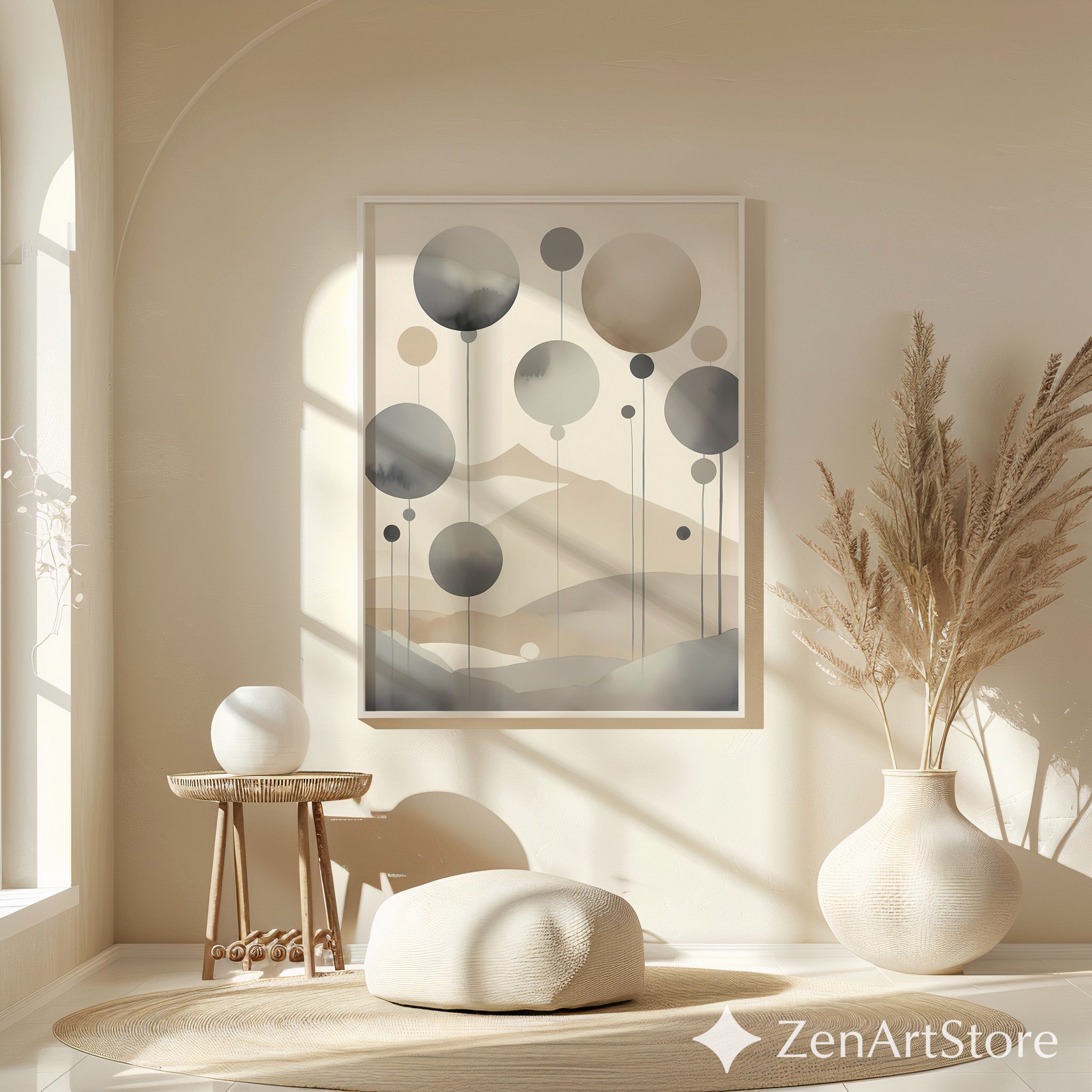 Neutral Abstract Landscape Wall Art - Minimal Japandi Zen Print in Beige & Grey, Modern Scandinavian Home Decor