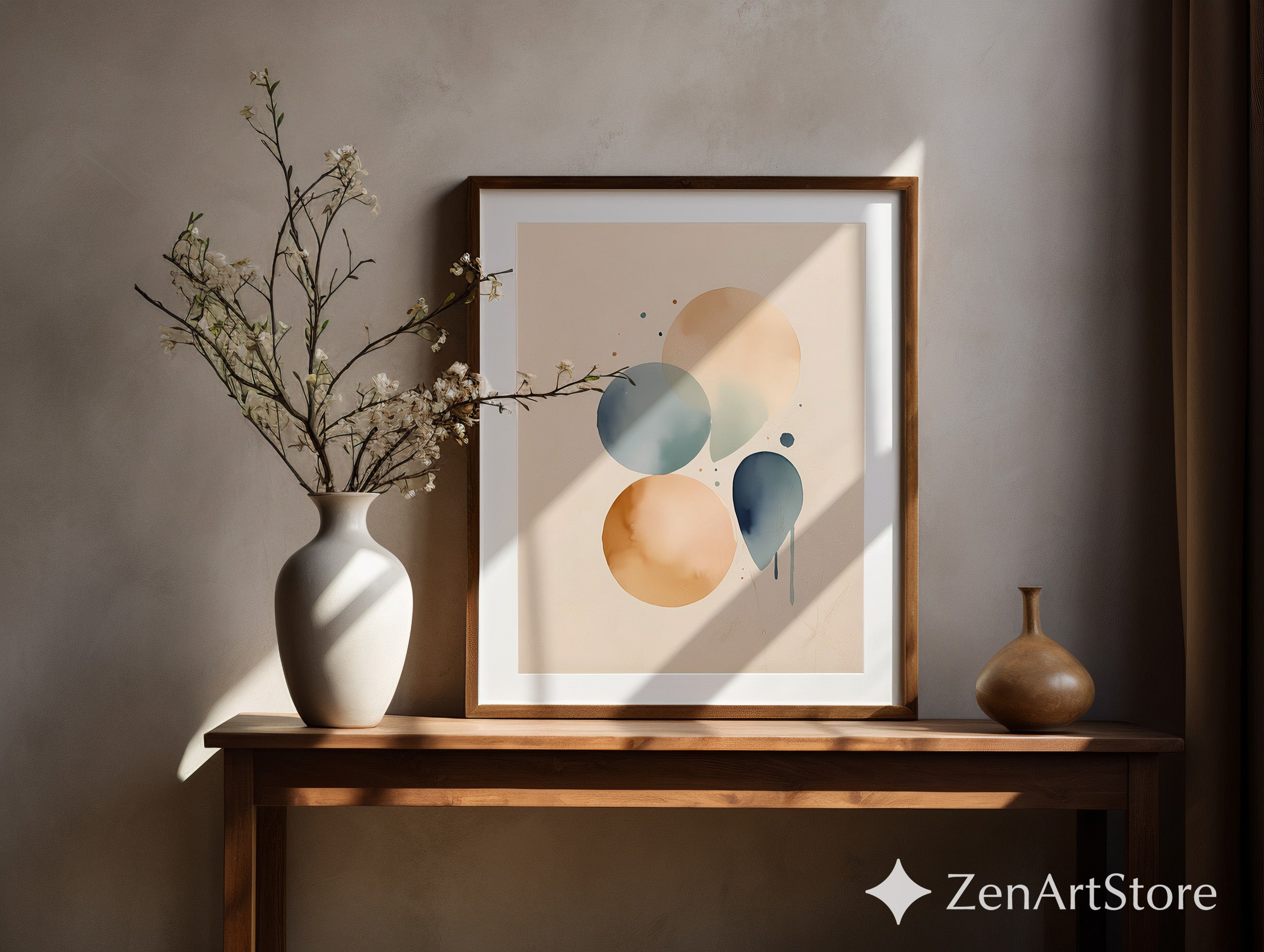 Neutral Abstract Watercolor Circles Wall Art – Minimalist Beige & Blue Modern Print for Living Room & Bedroom