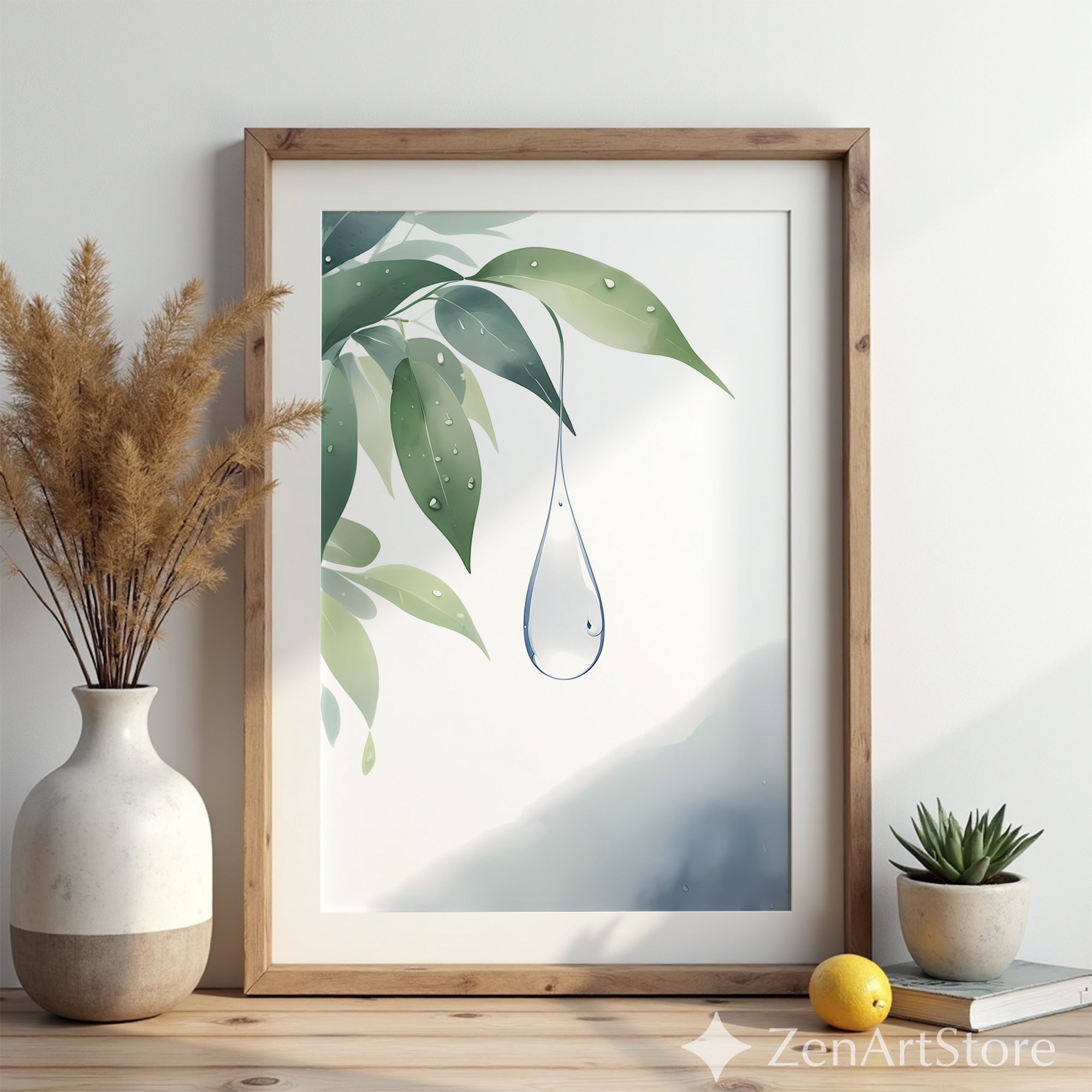 Minimal Botanical Water Droplet Print - Zen Japandi Wall Art, Green Leaf Watercolor, Calm Neutral Home Decor