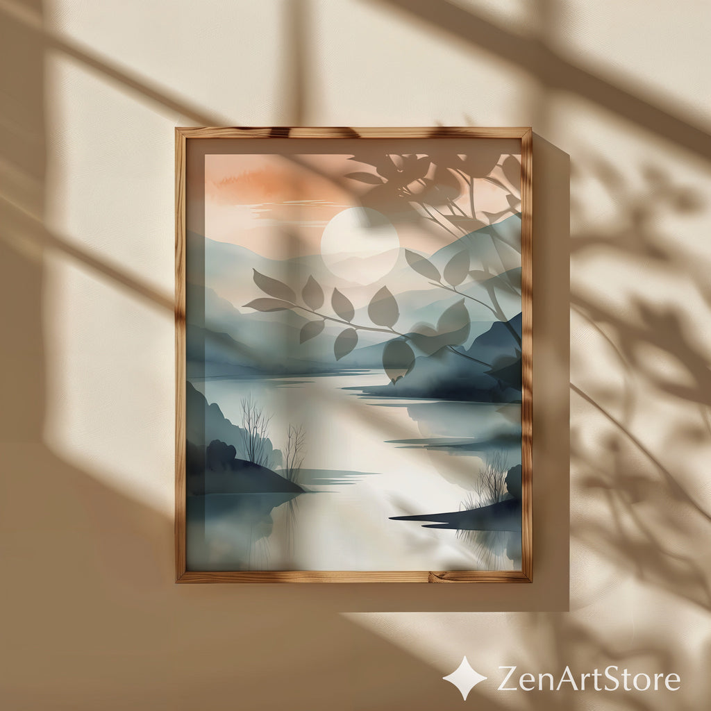 Sunrise Mist Landscape Print – Minimal Japandi Zen Wall Art, Neutral Mountain Lake Poster for Living Room