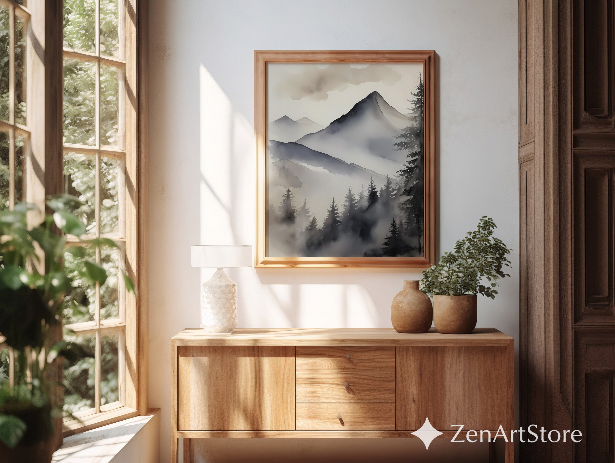 Misty Mountain Watercolor Print - Neutral Zen Landscape Wall Art for Calm, Japandi & Scandinavian Home Decor