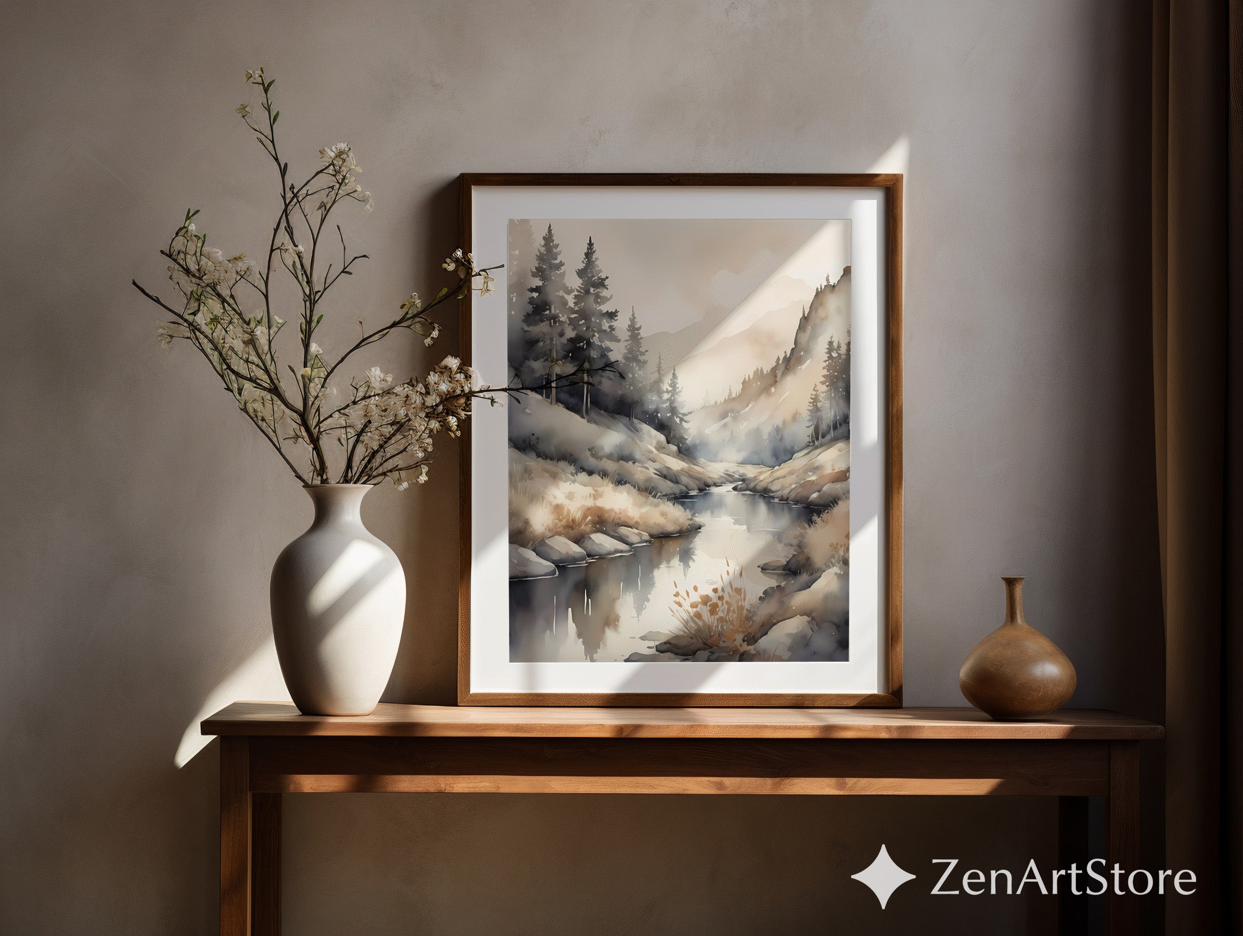 Misty Mountain Watercolor Print - Neutral River Landscape Japandi Wabi-Sabi Wall Art Calm Beige Minimal Home Decor