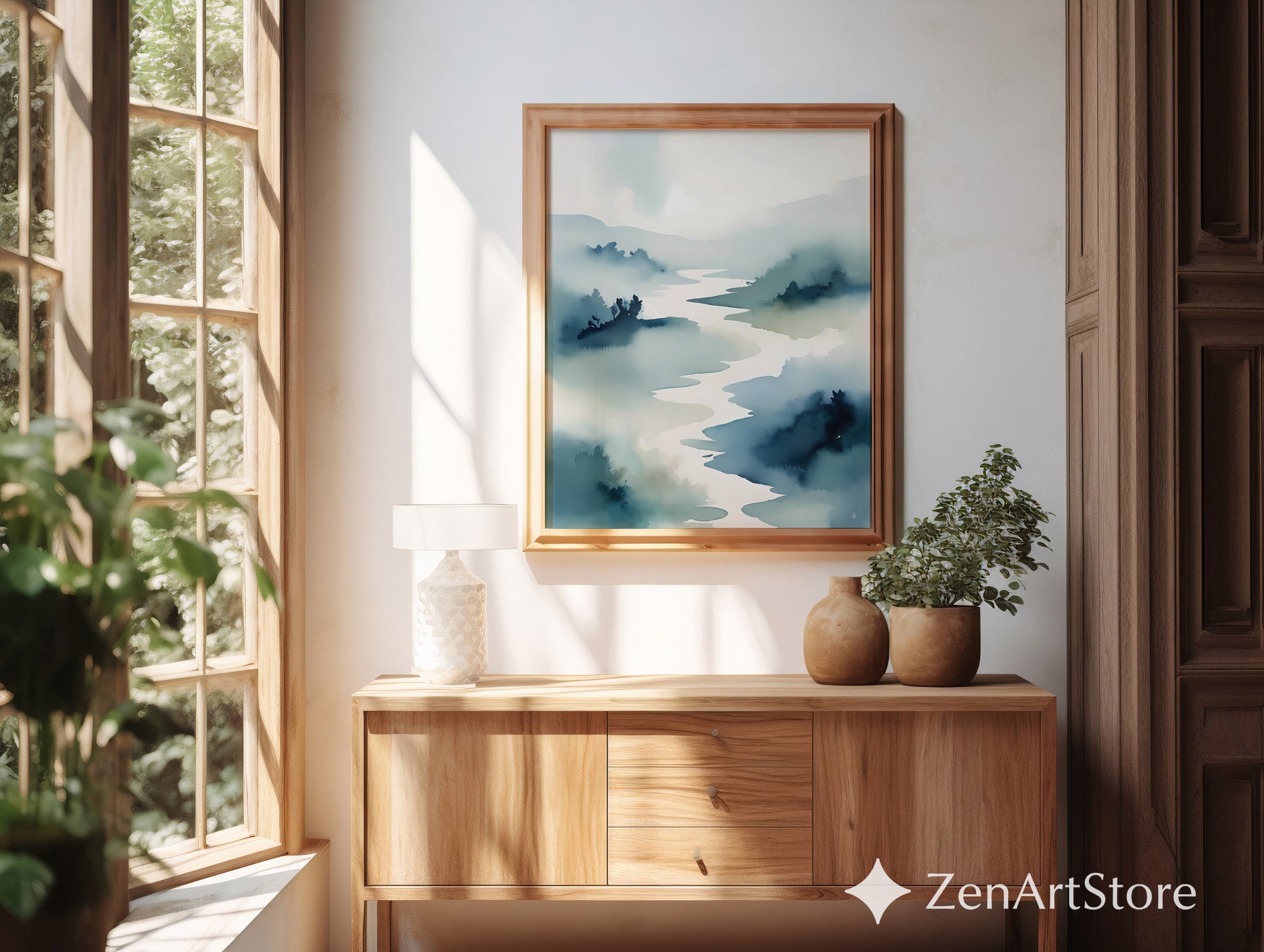 Misty River Watercolor Print - Minimal Japandi Landscape Art, Neutral Blue Zen Wall Decor for Living Room & Bedroom