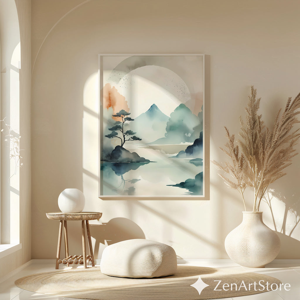 Japandi Watercolor Mountain Print - Zen Minimal Landscape Wall Art, Neutral Beige Teal Abstract for Living Room & Bedroom
