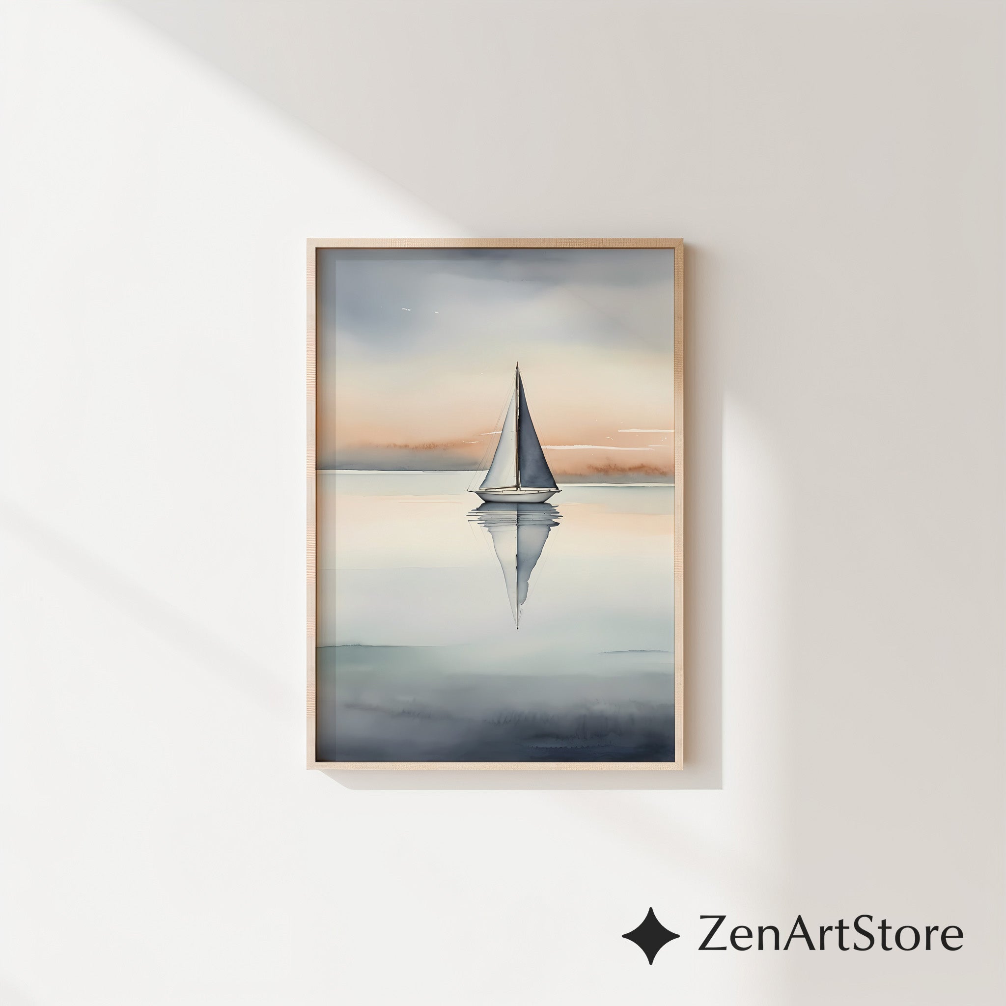 Minimal Sailboat Wall Art - Calm Coastal Watercolor Print, Scandinavian Japandi Neutral Seascape for Living Room & Bedroom