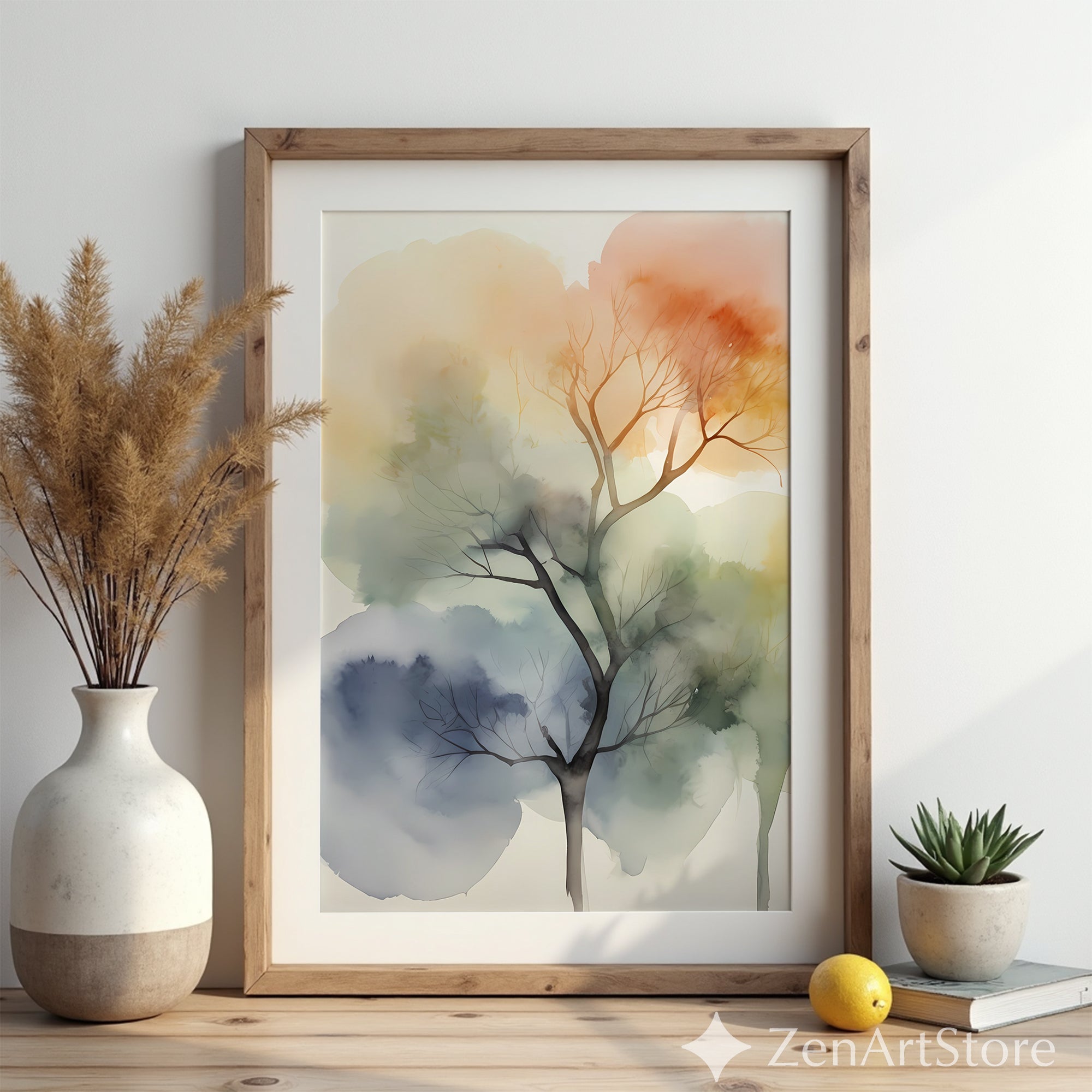 Watercolor Tree Art Print - Neutral Abstract Botanical Wall Art in Beige Blue Orange - Minimal Zen Japandi Home Decor