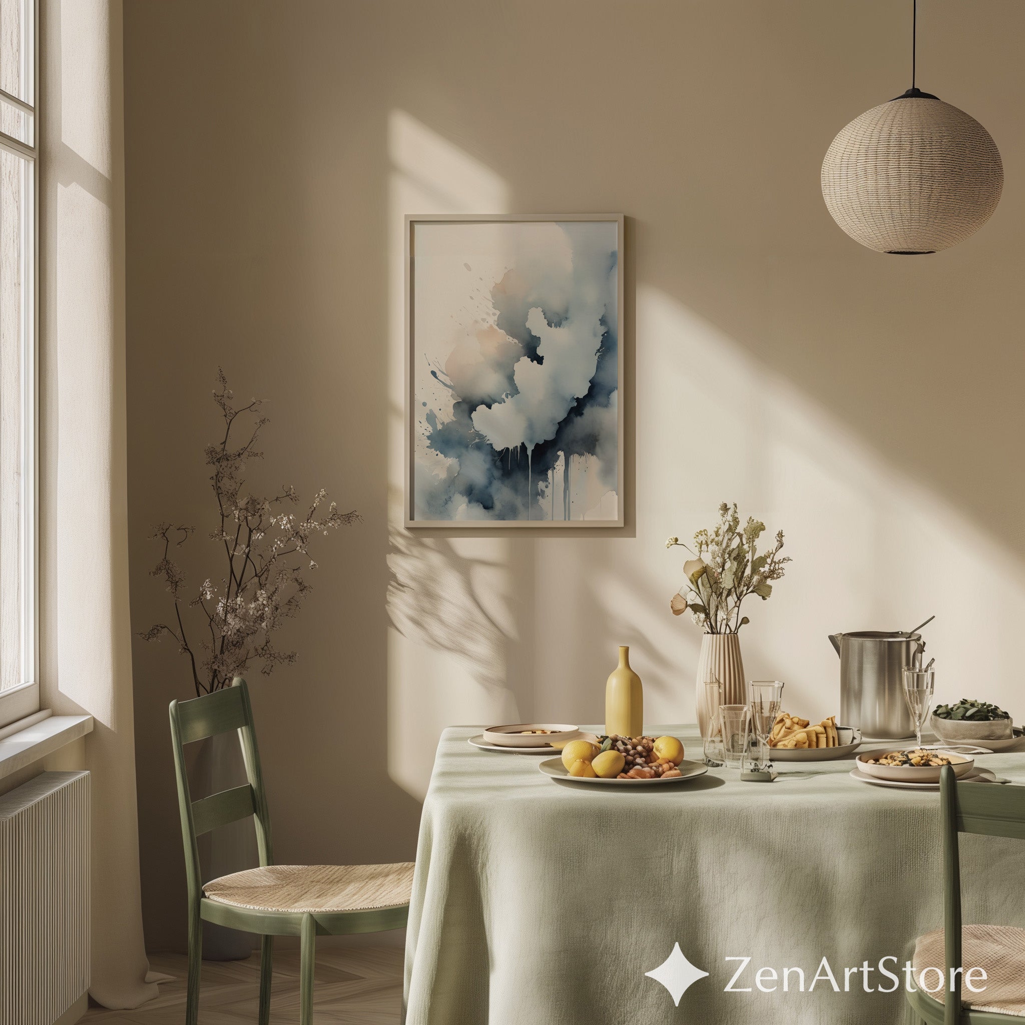 Serene Blue Watercolor Abstract Art Print - Minimal Japandi Wall Decor Neutral Modern Canvas