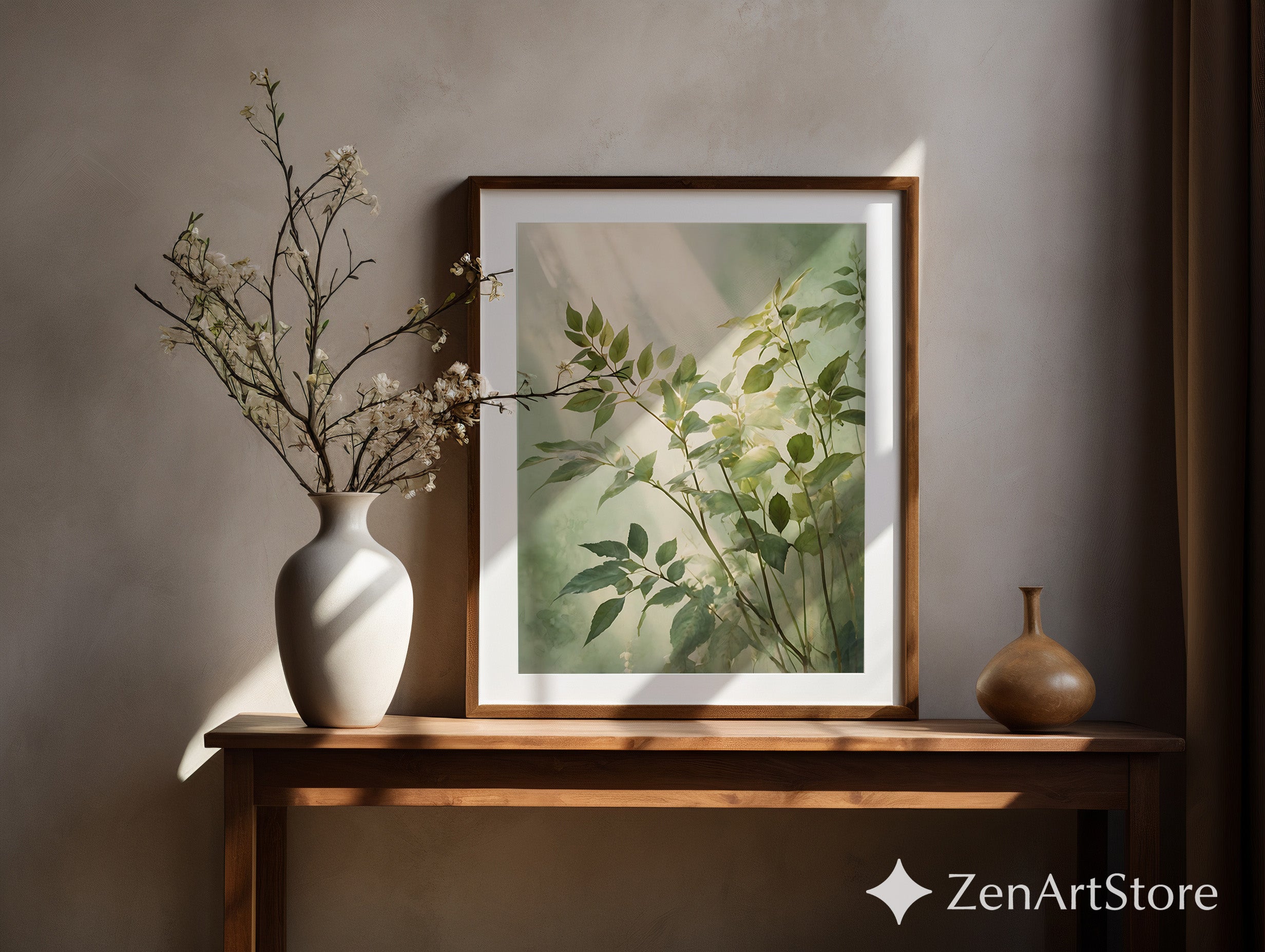 Serene Green Botanical Art Print - Minimal Leaf Wall Art, Japandi Wabi Sabi Neutral Home Decor